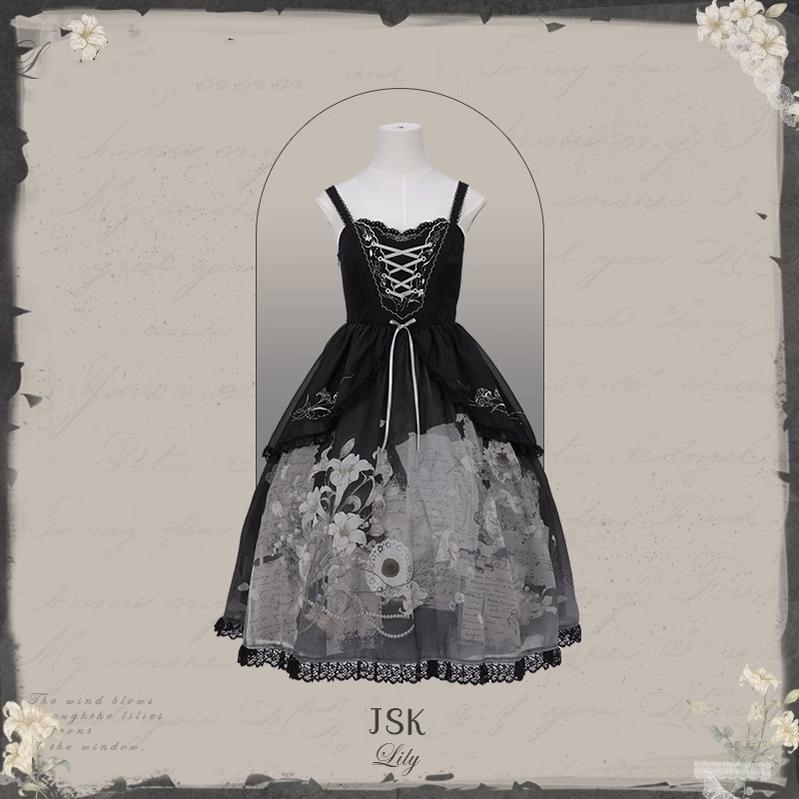 Mademoiselle Pearl~Lily Poetry~Lily Print Lolita Dress Collection XS JSK (Black) 