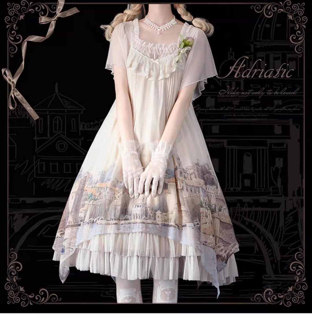 Forest Song - Adriatic - Classic Lolita JSK Chiffon Dress, Gulf City Print