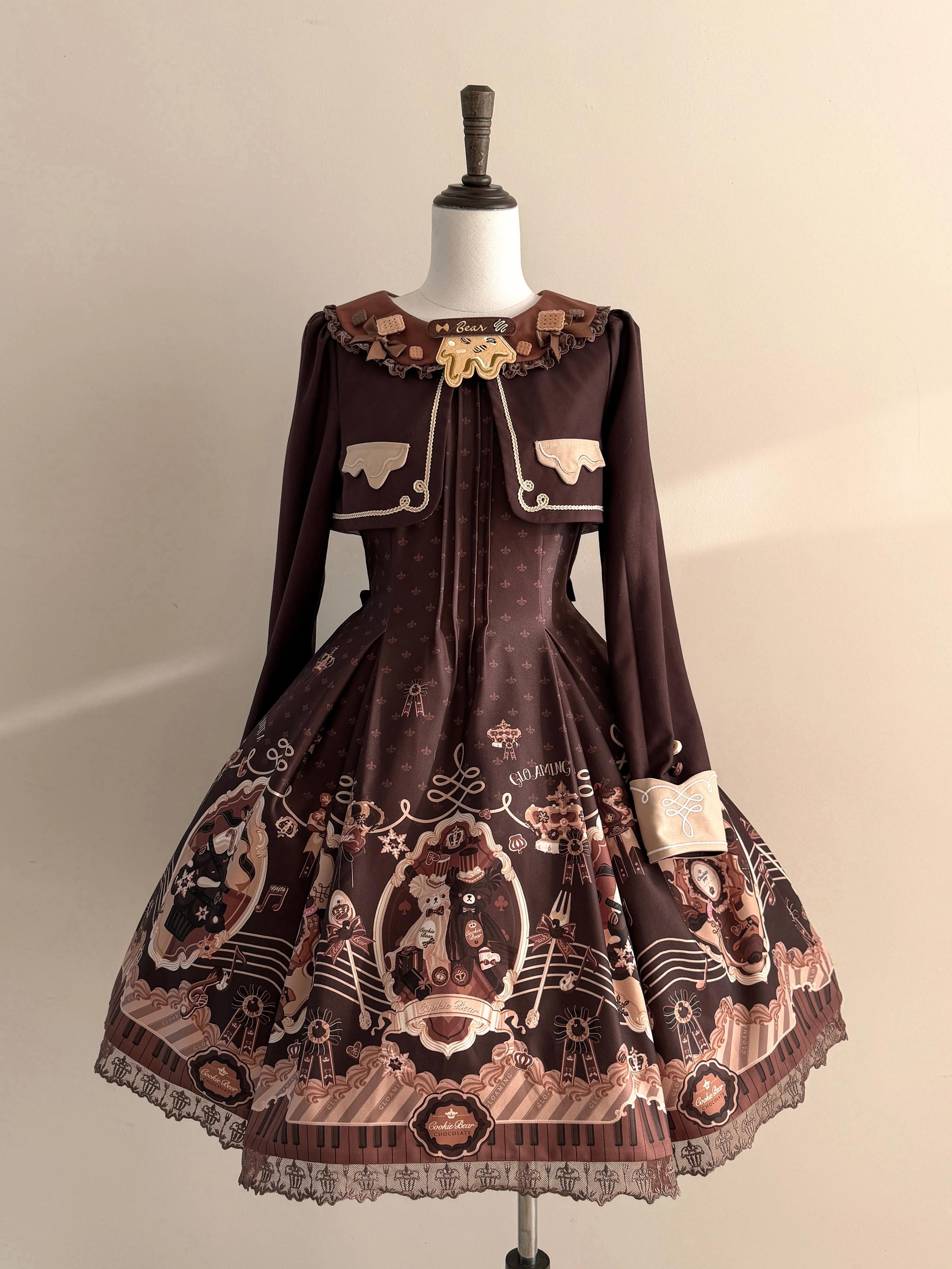 Cream Bear - Print Kawaii Lolita Fake Two-Piece OP, A-lined JSK Dress 44502:811740