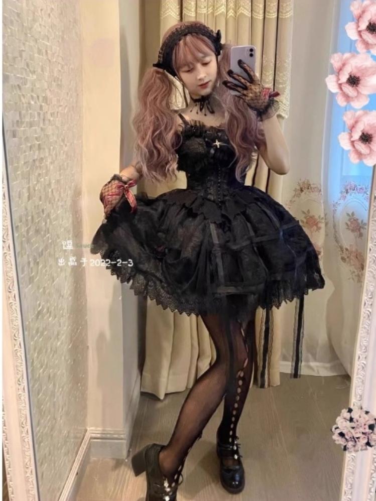 Doujiang~Rose Cage~Gothic Lolita Dress Black Suspender Dress   