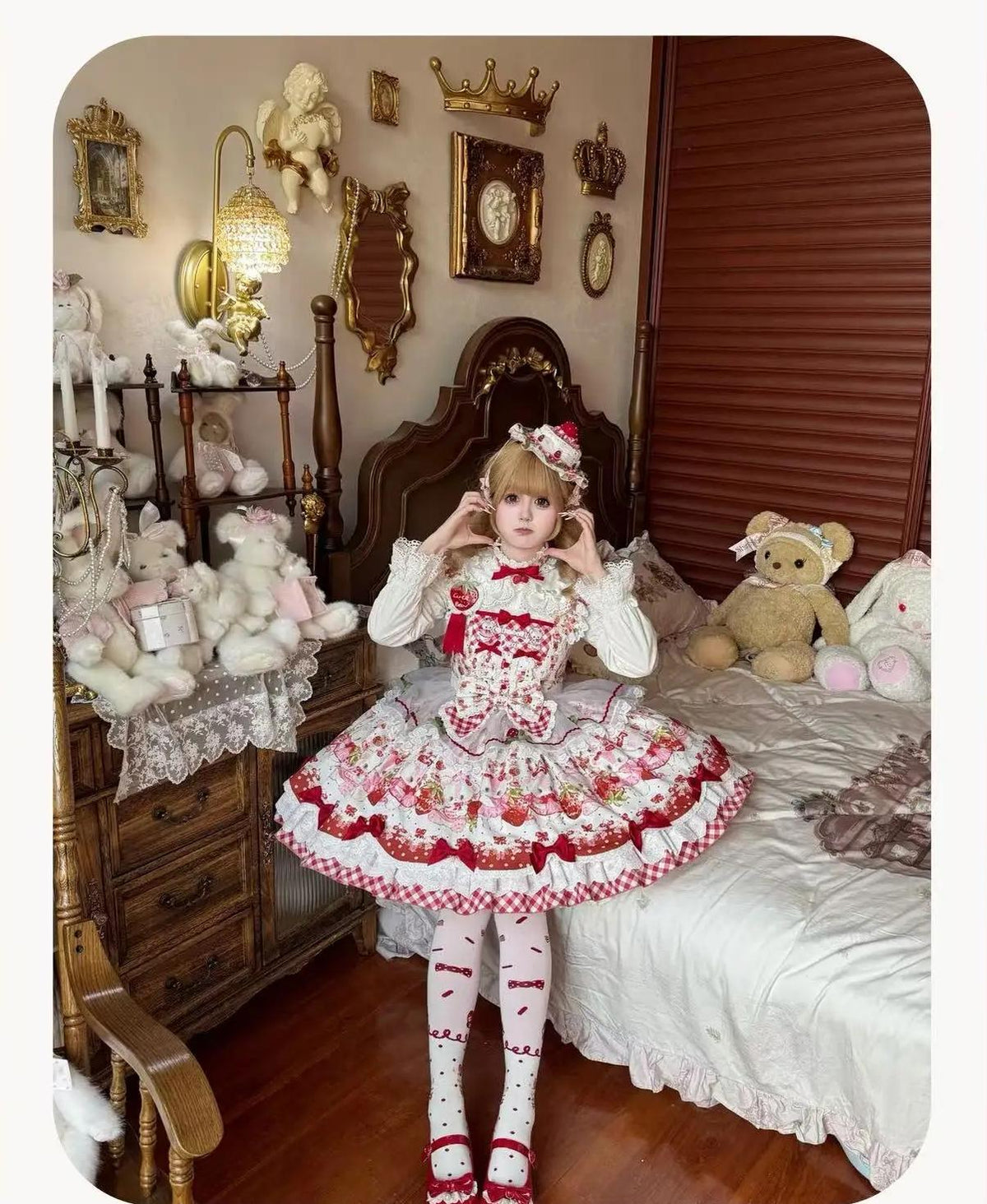 Berry Bear Whisper - Sweet Lolita JSK Set, Strawberry Bear Themed Print 45904:867463