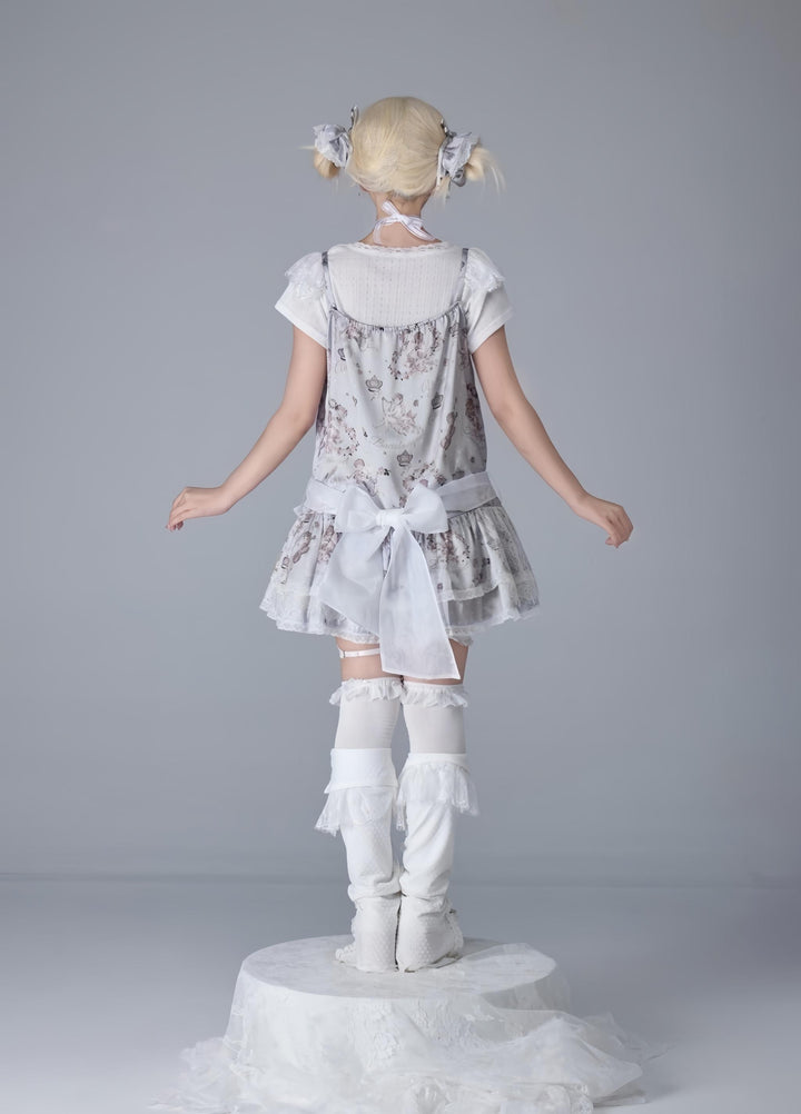 Bacio Bouquet~Hyaline Angel~Daily Lolita Low Waist Dress with Angle Print&Lace Detail
