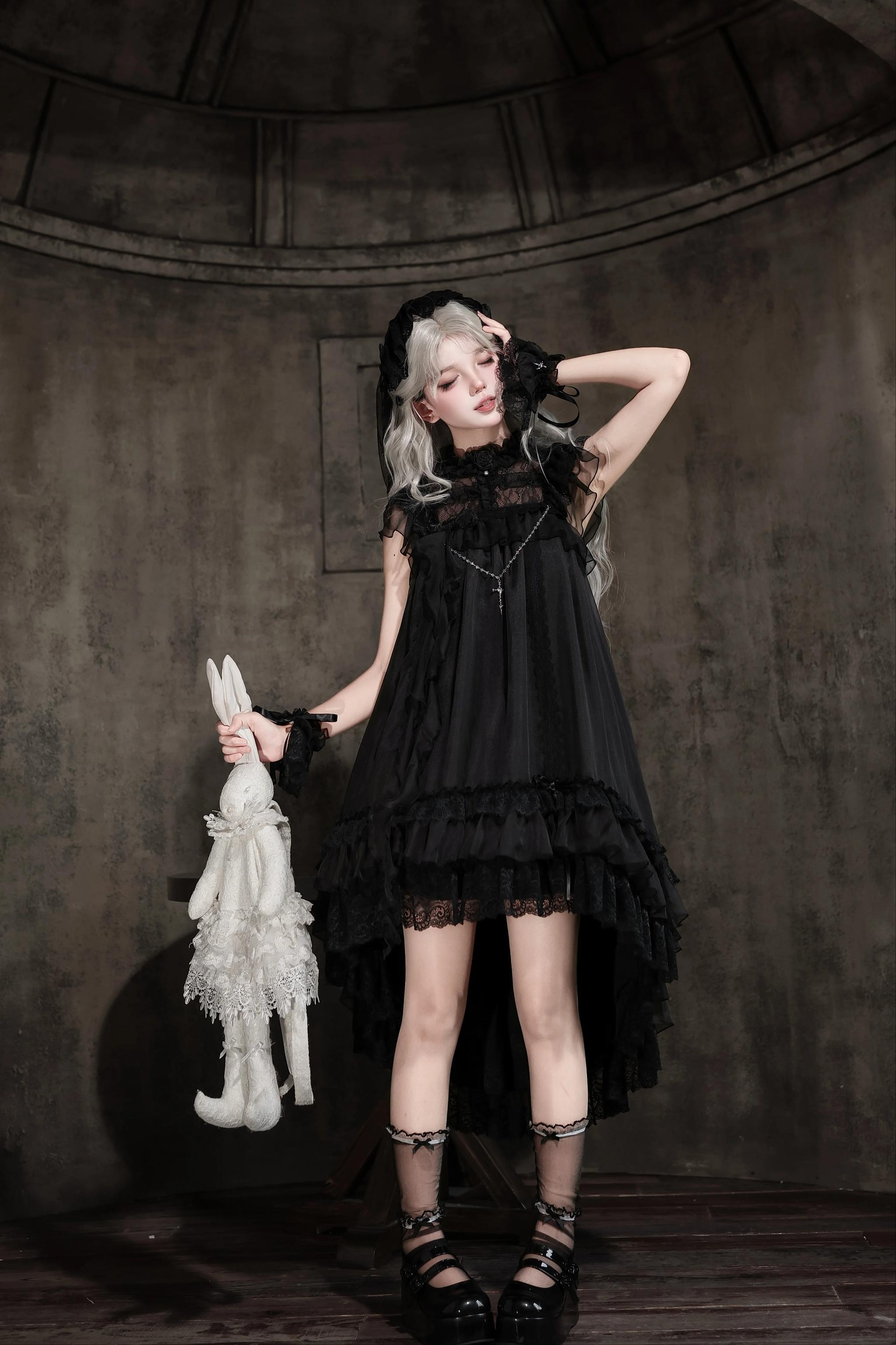 Ghost Jellyfish - Chiffon Gothic Lolita OP, Drawstring Liftable High-low Hem (2XL L M S XL) 45549:853744
