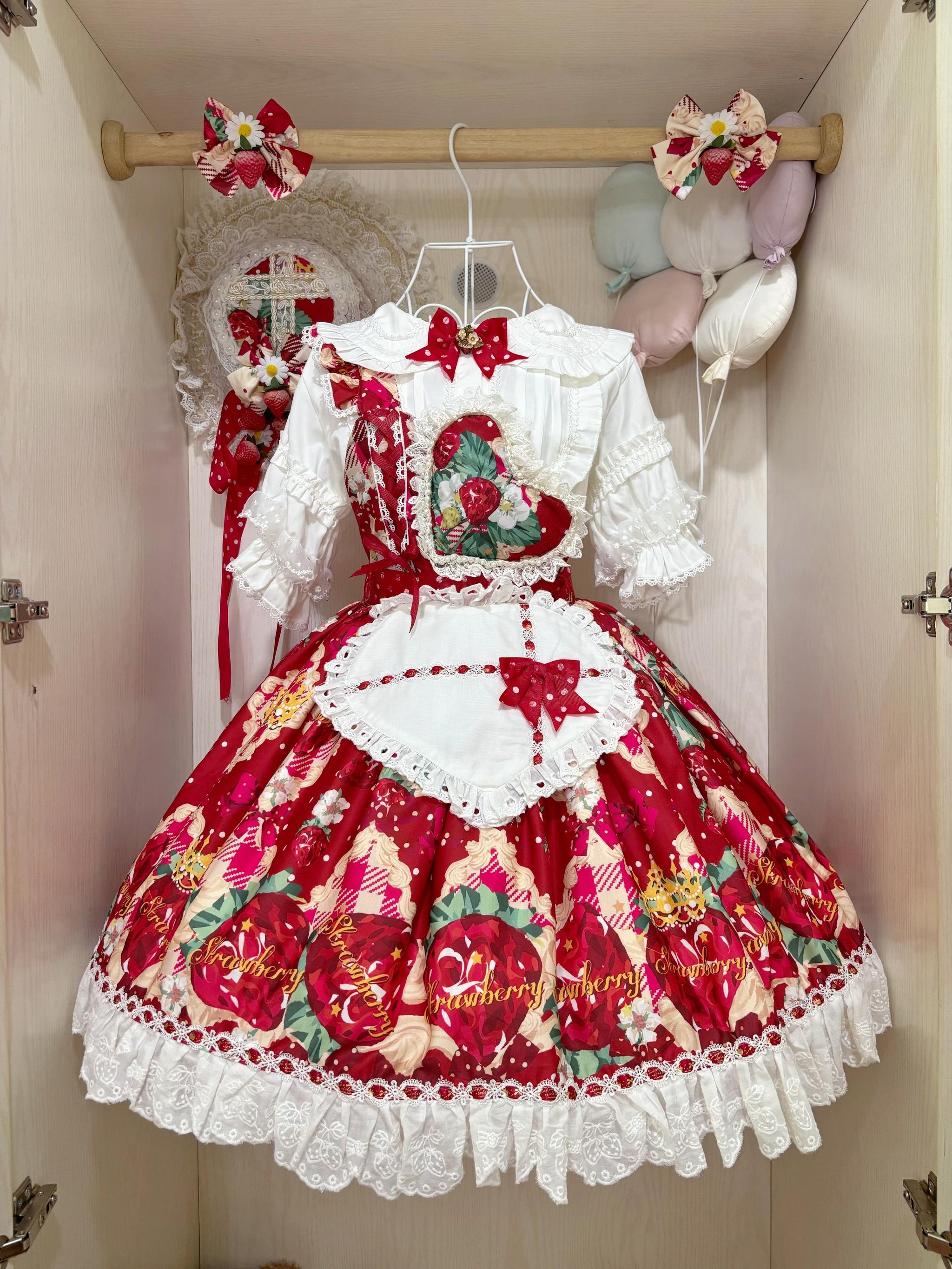 Suiyi - Crown Strawberry - Sweet Lolita Salopette Dress Suit, Single Strap Red Salopette + Apron M