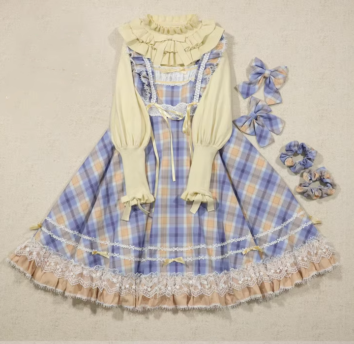 Miaoplus~Sweet Lolita Plaid JSK Multicolors plaid dress XS blue-yellow plaid long type free size 