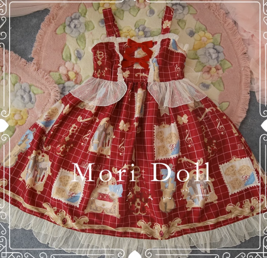 Mori Doll~Artist~Sweet Bow Pattern Print JSK Multicolors S burgundy JSK+a side clip 