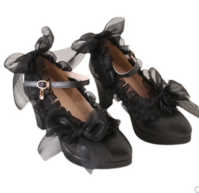 Xiaogui - Gothic Lolita Black Lace High Heels 35 black rose chunky heel