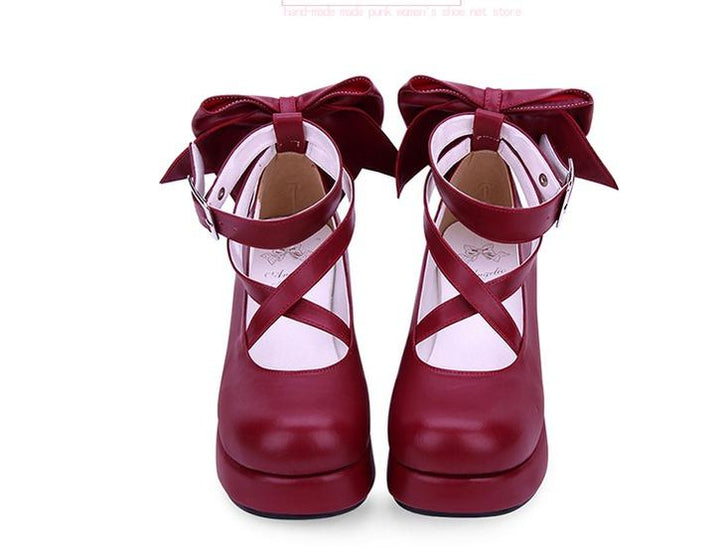 Angelic Imprint~Daily Lolita Leather Shoes Platform Medium Heel Big Bow Shoe 33 Burgundy