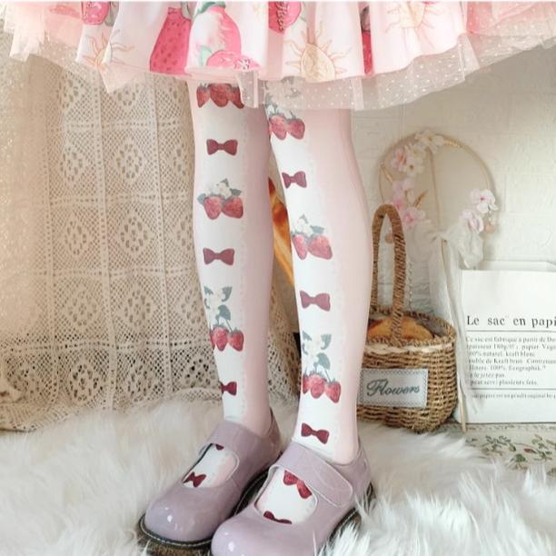 Roji Roji~Strawberry Bow~Print Llita Pantyhose Strawberry Bow 120D Velvet Tights   