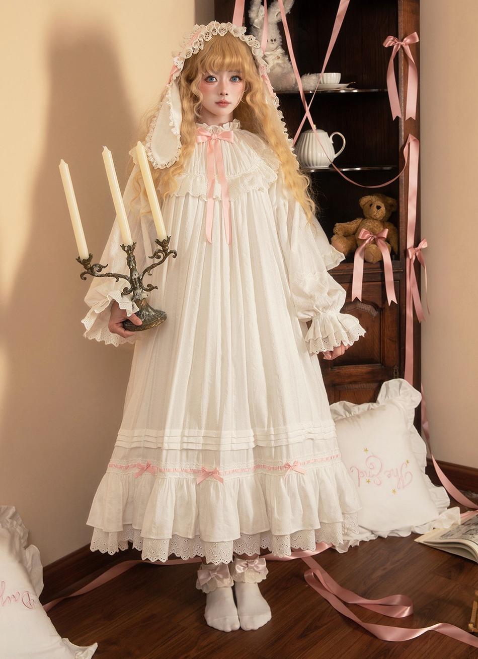 Lop-Eared Bunny Dream - Vintage Lolita Doll-like Nightdress, Ruffles & Bow