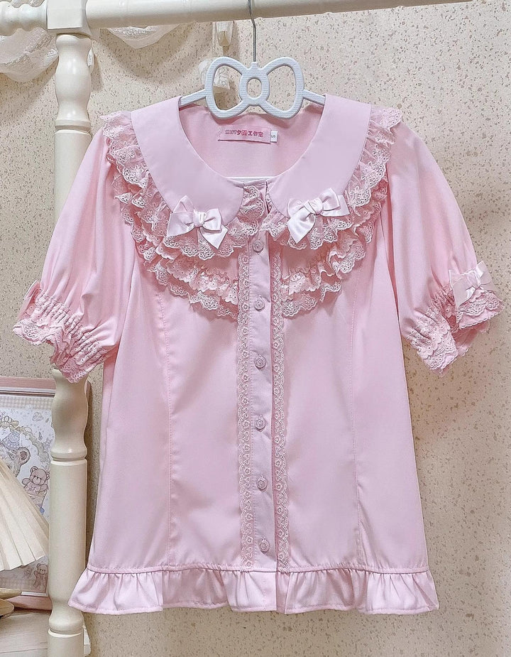 MIST~Summer Time~Kawaii Lolita Shirt with Peter Pan Collar and Short Sleeve Pink shirt only S