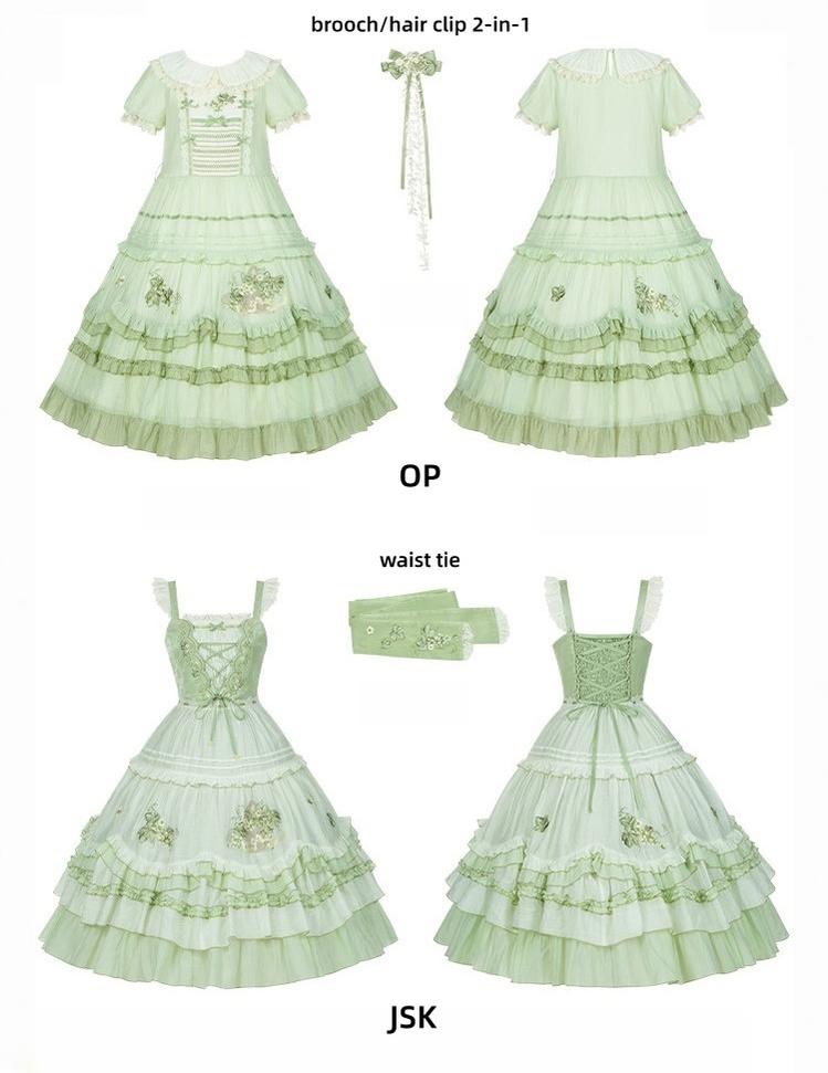 Green Grape - Embroidered Country Lolita OP Dress, Tiered JSK 44986:831190
