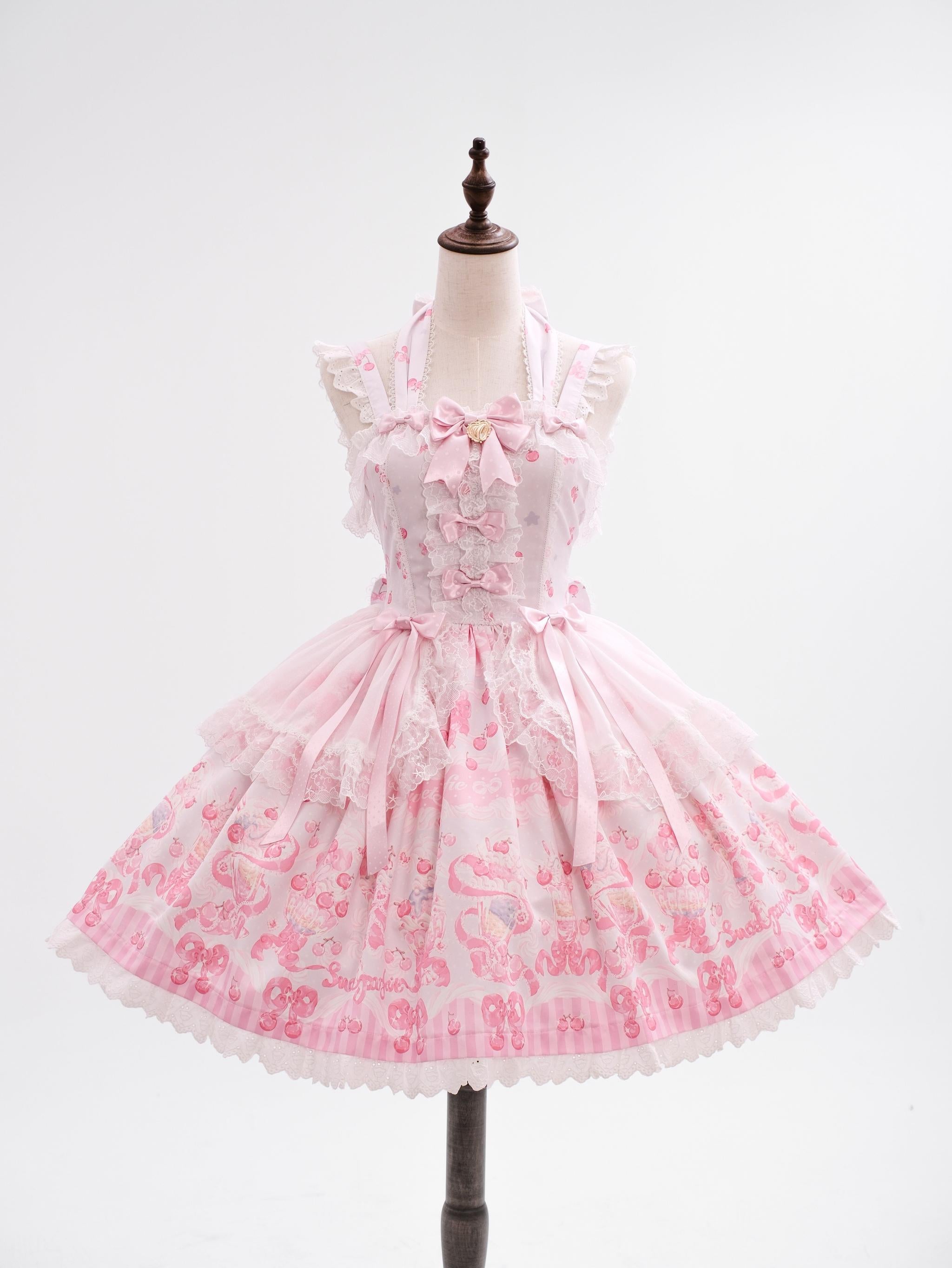 Cherry Parfait - Printed Sweet Lolita Dress, Macaron Colors Pink JSK Only S