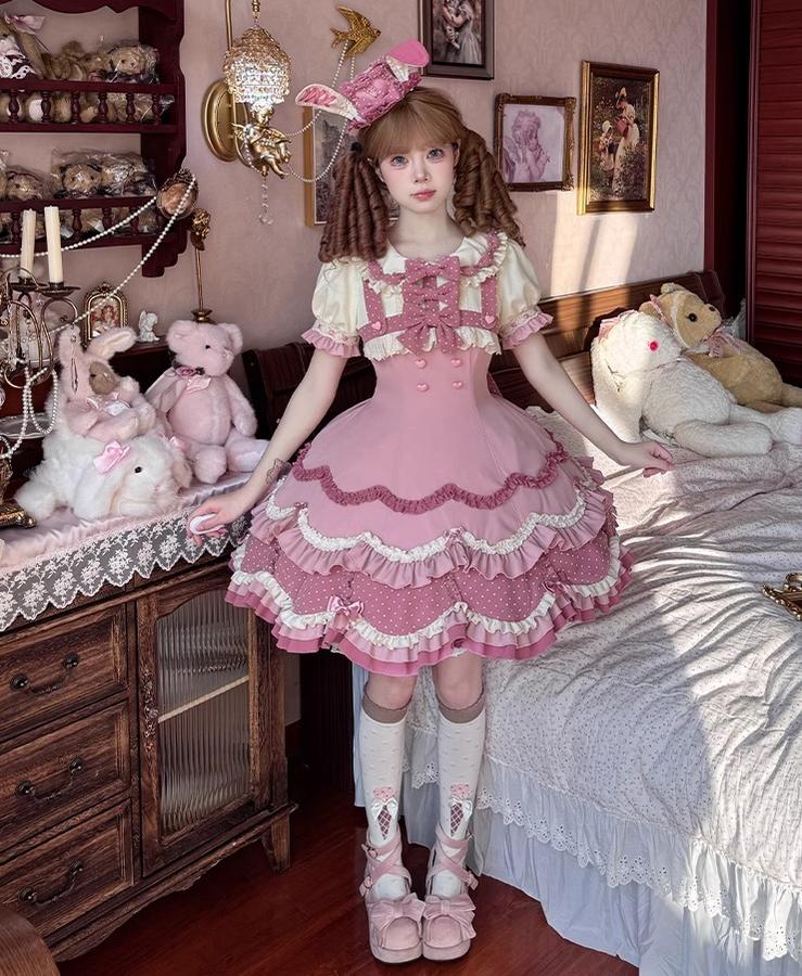 Sakurahime~Bunny Breeze~Pink Sweet Lolita OP Dress with Cute Hat and Bunny Ears