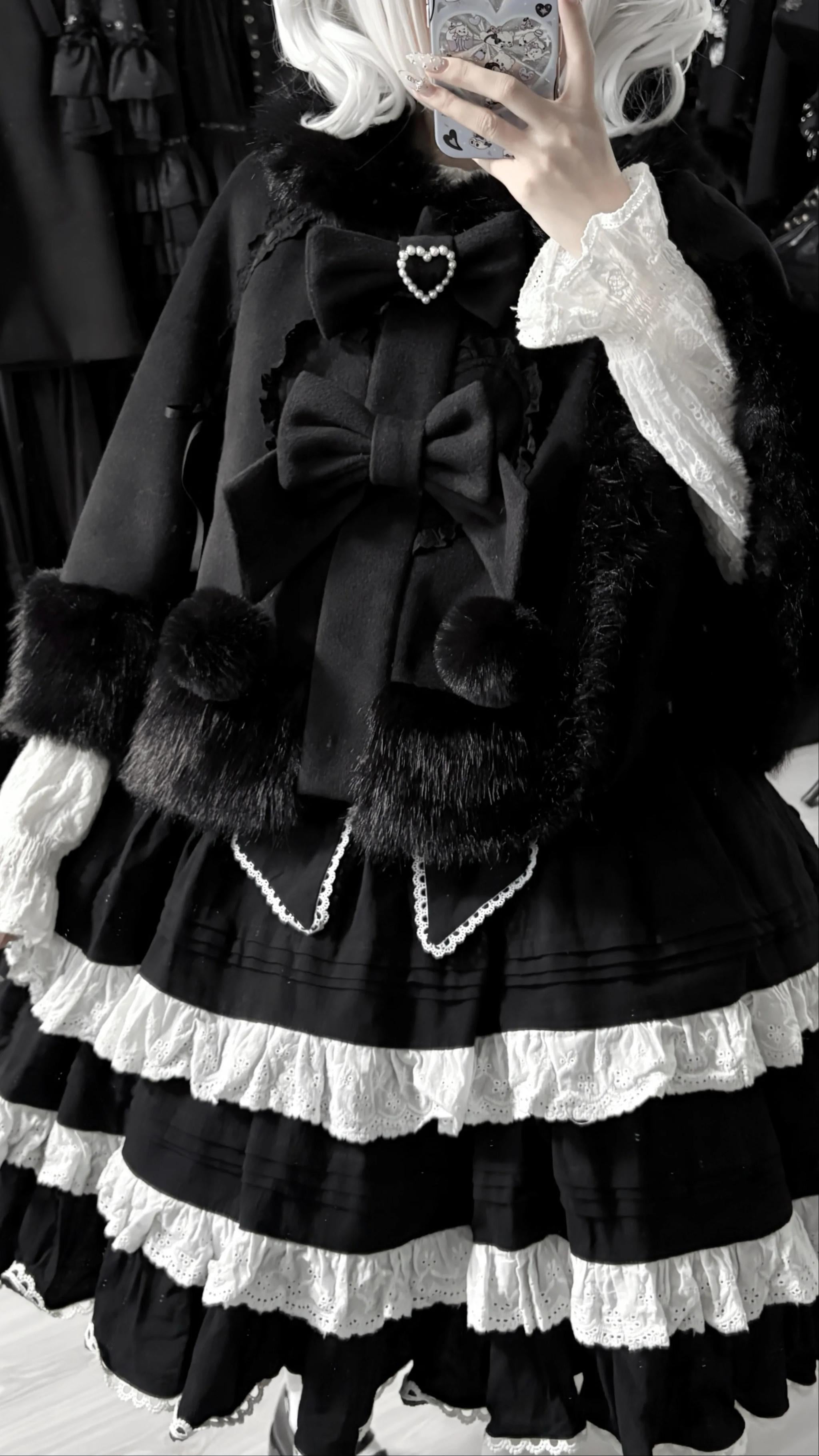 Small Snowball - Sweet Lolita Faux Fur Cape Coat, Pom-pom & Bow 45920:868038