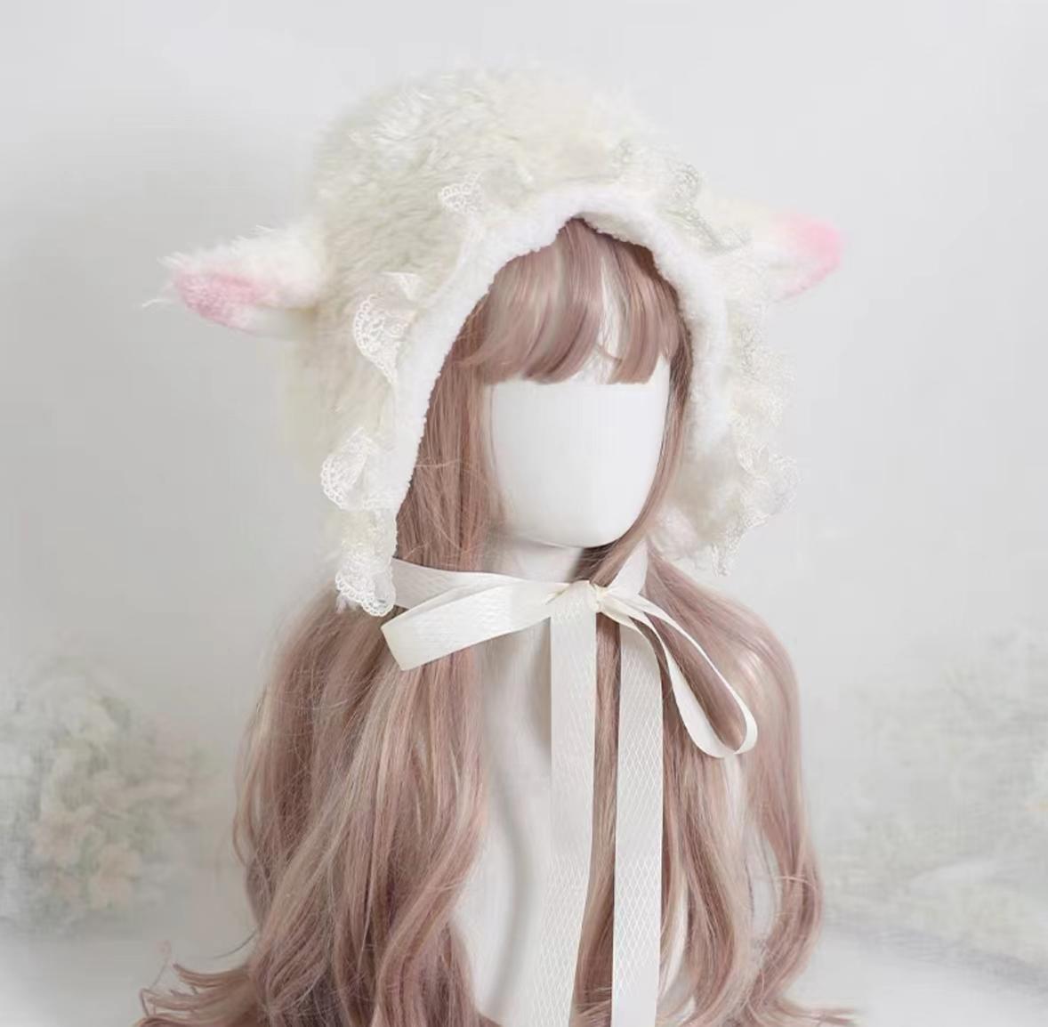 Xiaogui~Kawaii Lolita Earflap Hat Winter Lolita Earflap Hat Sheep Ear M (56-58cm) Pink Ear Tip Sheep Ear Lei Feng Cap 
