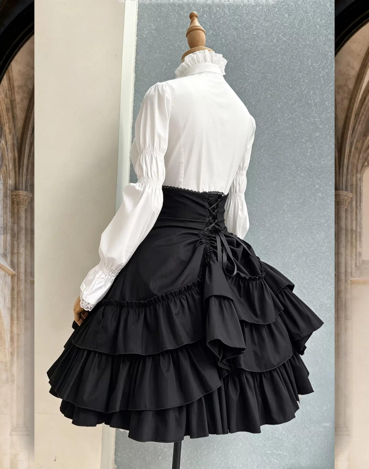 Black Gothic Lolita High Waist Skirt, Drawstring Lift-up Back Hem 46013:872337