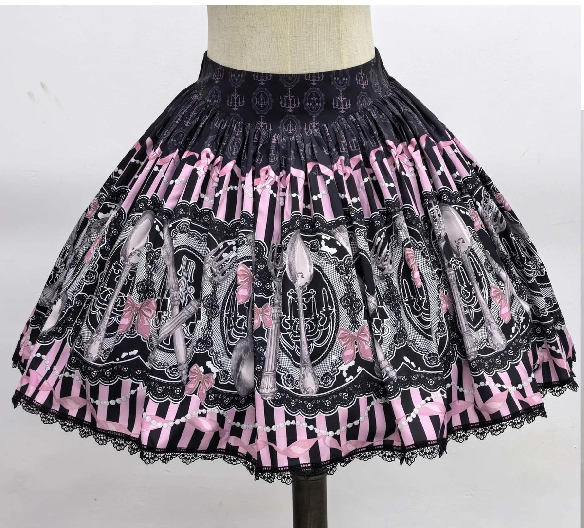 Clara Table - Dark Sweet Lolita SK & JSK Dress Set, Candelabra Tableware Print (Black / Pink / 2XL L M S XL) 45979:870529