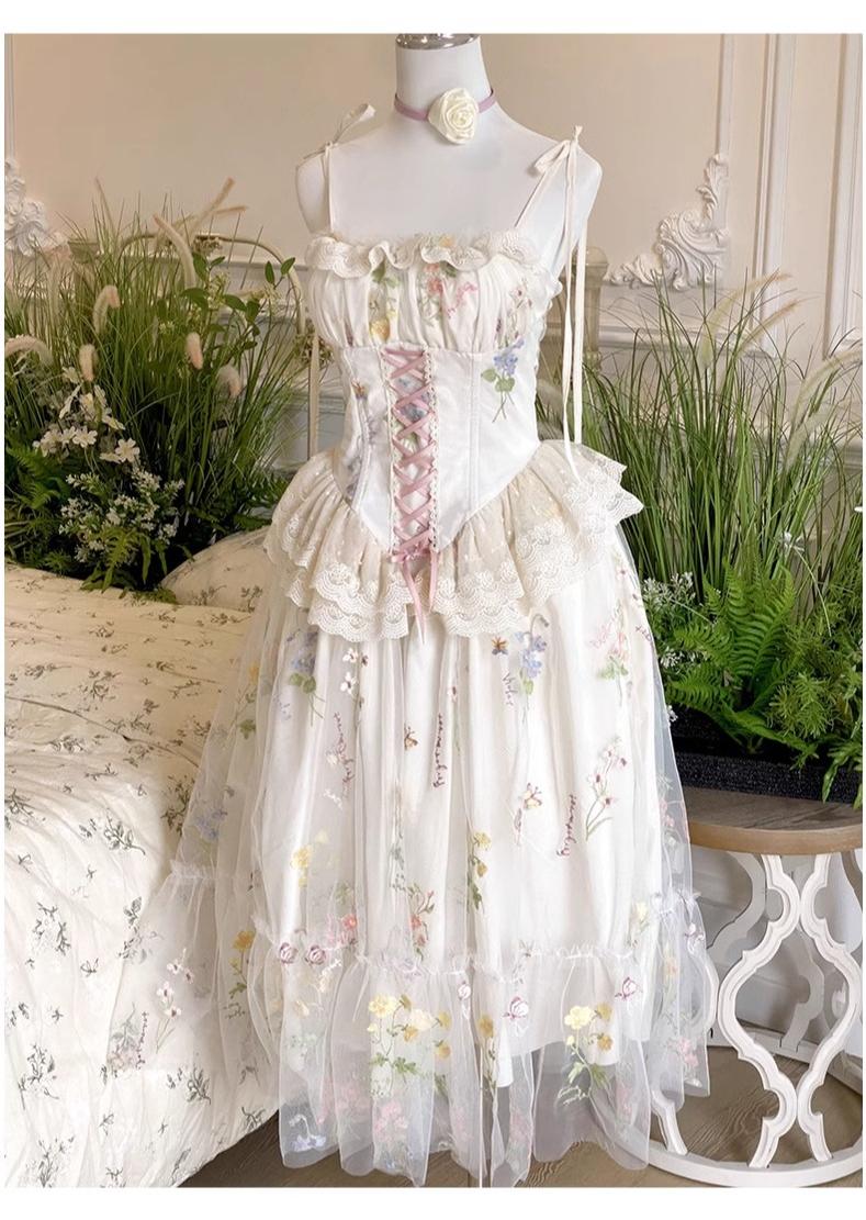 Diamond Honey - Spring Bouquet - Sweet Lolita JSK Dress Fairy-like Embroidered Mesh Dress S Beige