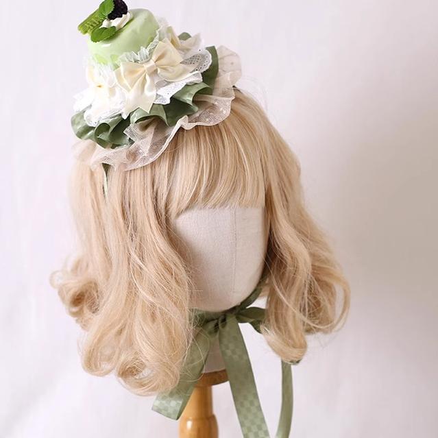 Xiaogui~Kawaii Lolita Hairpin Lace Cake Small Top Hat Grass green with ivory gauze  