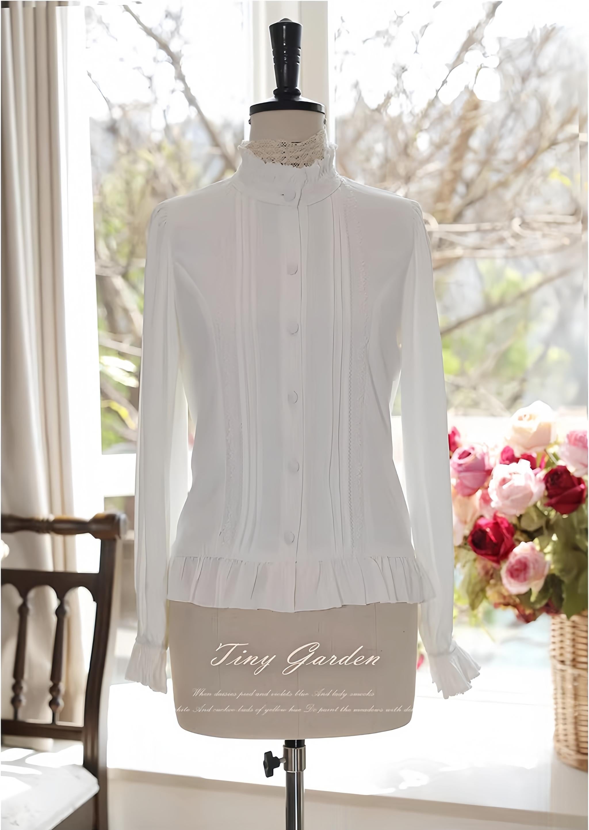 Moring Mist and Letter - Classic Lolita Long Sleeve Shirt, Stand Collar White Shirt Only S