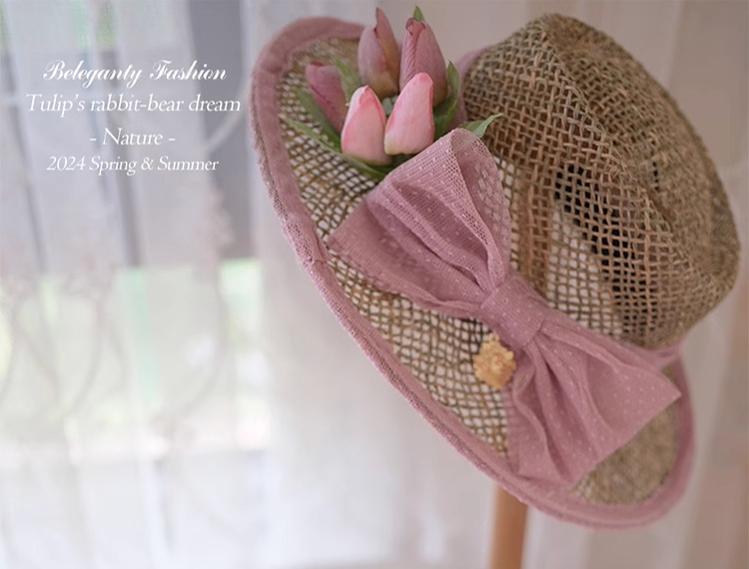 Beleganty~Tulip's Rabbit-Bear Dream~Sweet Lolita Straw Hat Lolita Tulip Brooch   