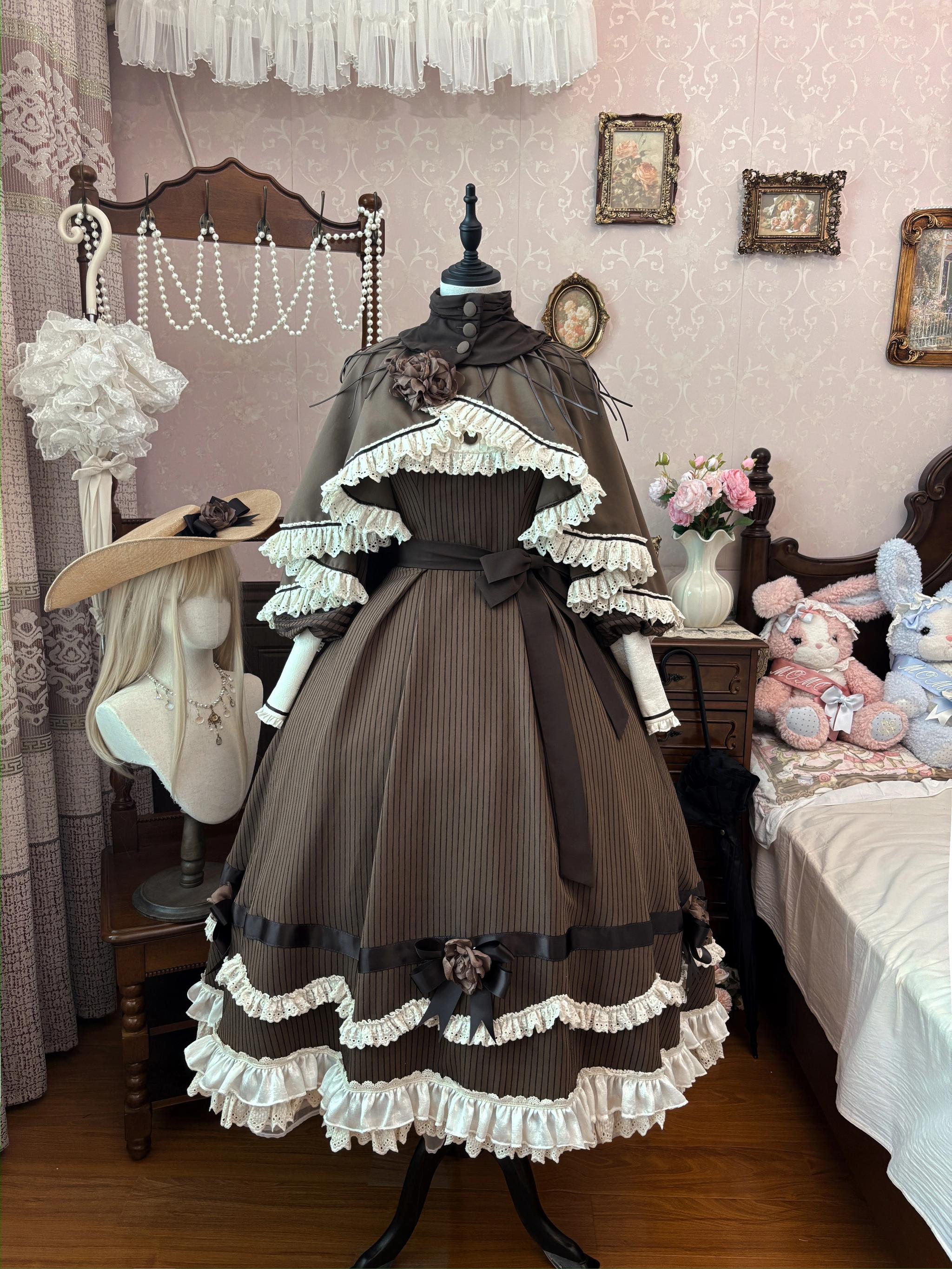 Muyu Handmade Studio - Evening Whispers of London - Brown Classic Lolita OP Dress, Mermaid Skirt Outfit 43993:792060
