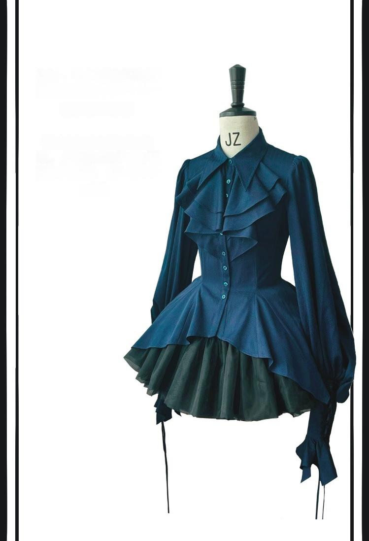 Danger Girl~The Persevering~Ouji Lolita Shirt Gothic Blouse with Mutton Sleeves Navy Blue XS