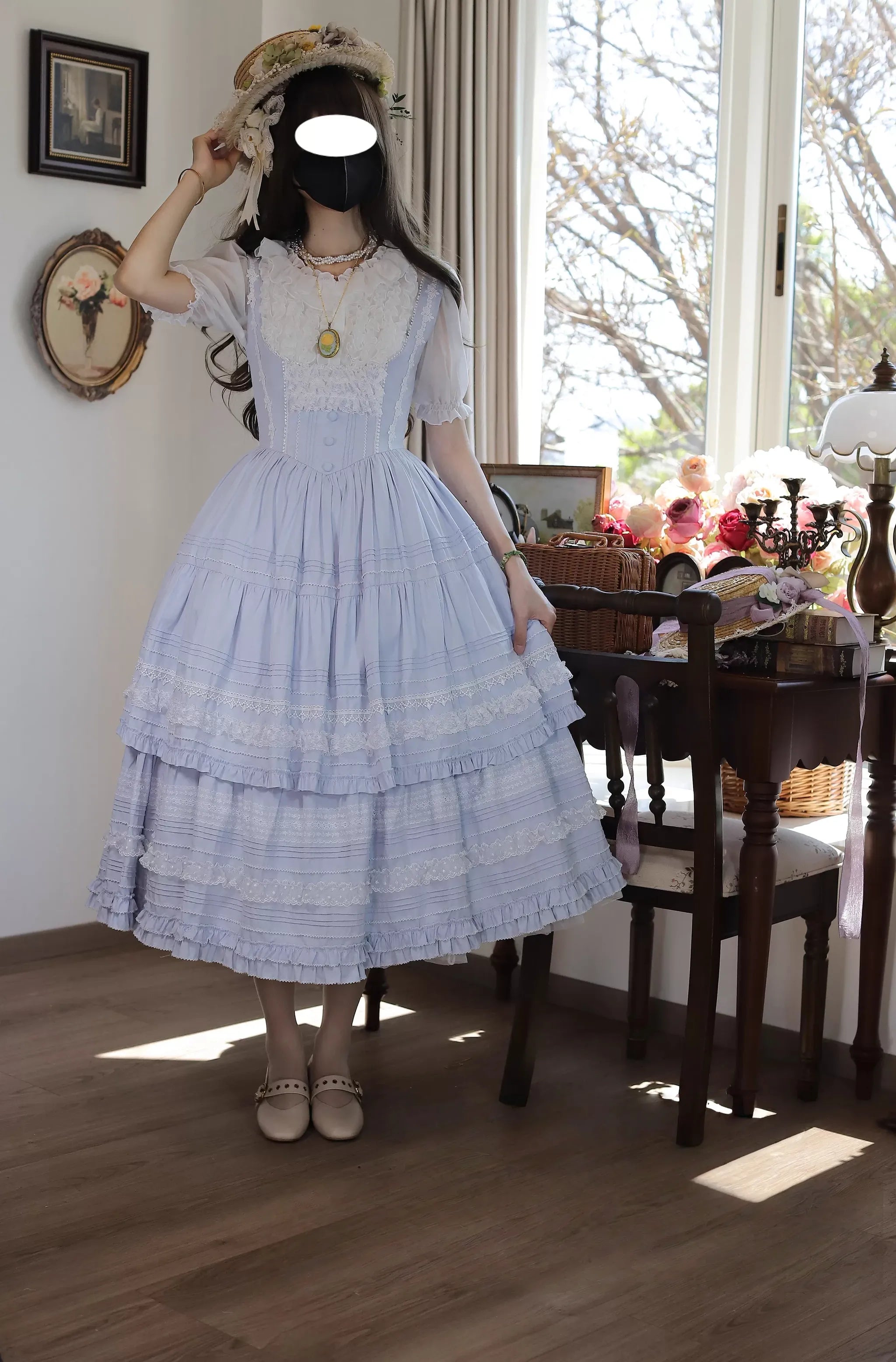 Marguerite Daisy - Classic Lolita Bust-supporting JSK Dress, Layered Lace Water Blue JSK with White Lace Only S