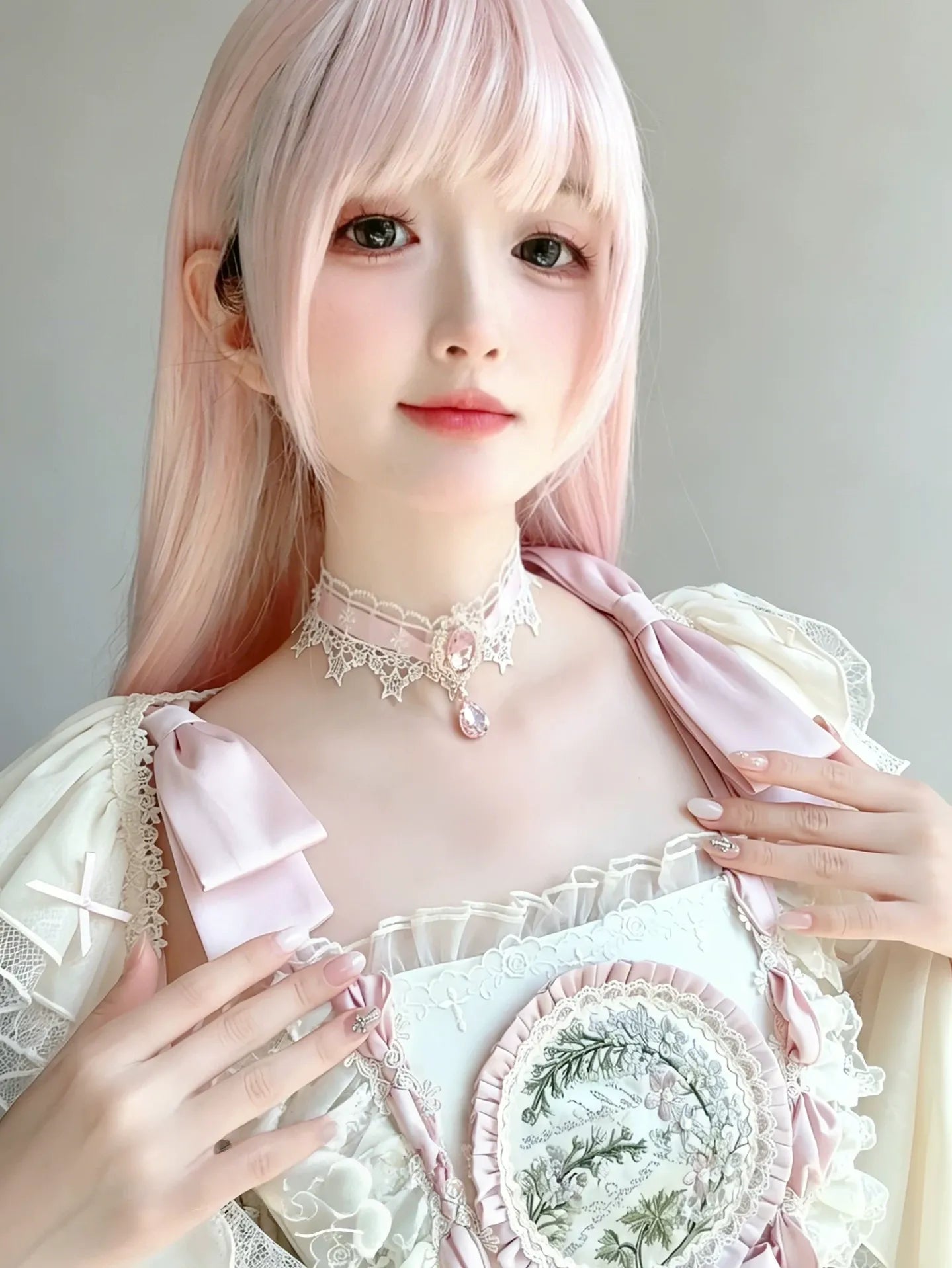 Classic Lolita Rhinestone Pendant Choker, Adjustable Chain (Pink) 45496:850498