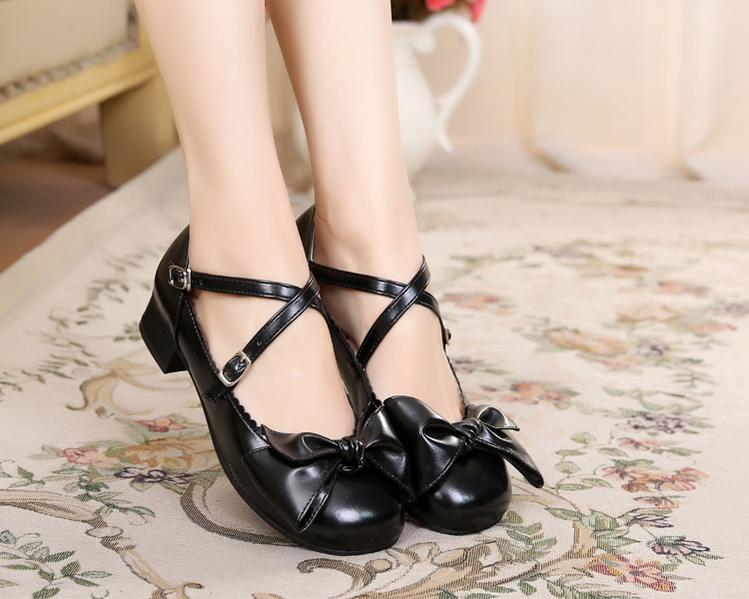 Sosic~Bow and Low Heel Cross Band Lolita Leather Shoes 12944:185482