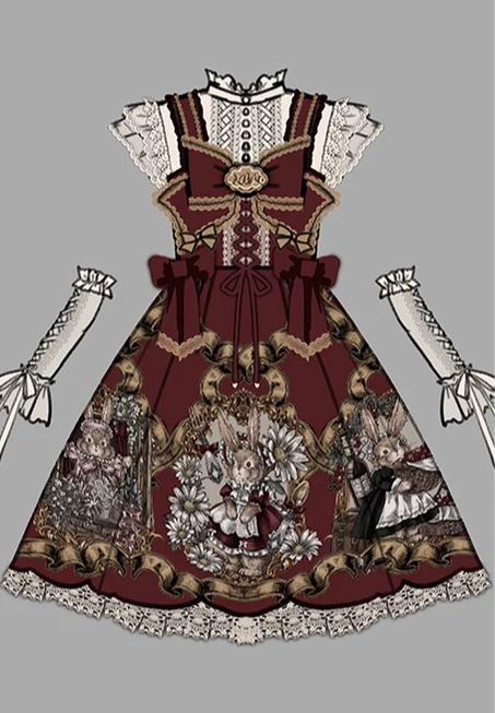 Mysterious Ribe - Red Classic Lolita Jumper Skirt & Blouse Set, Rabbit Print 45968:870087