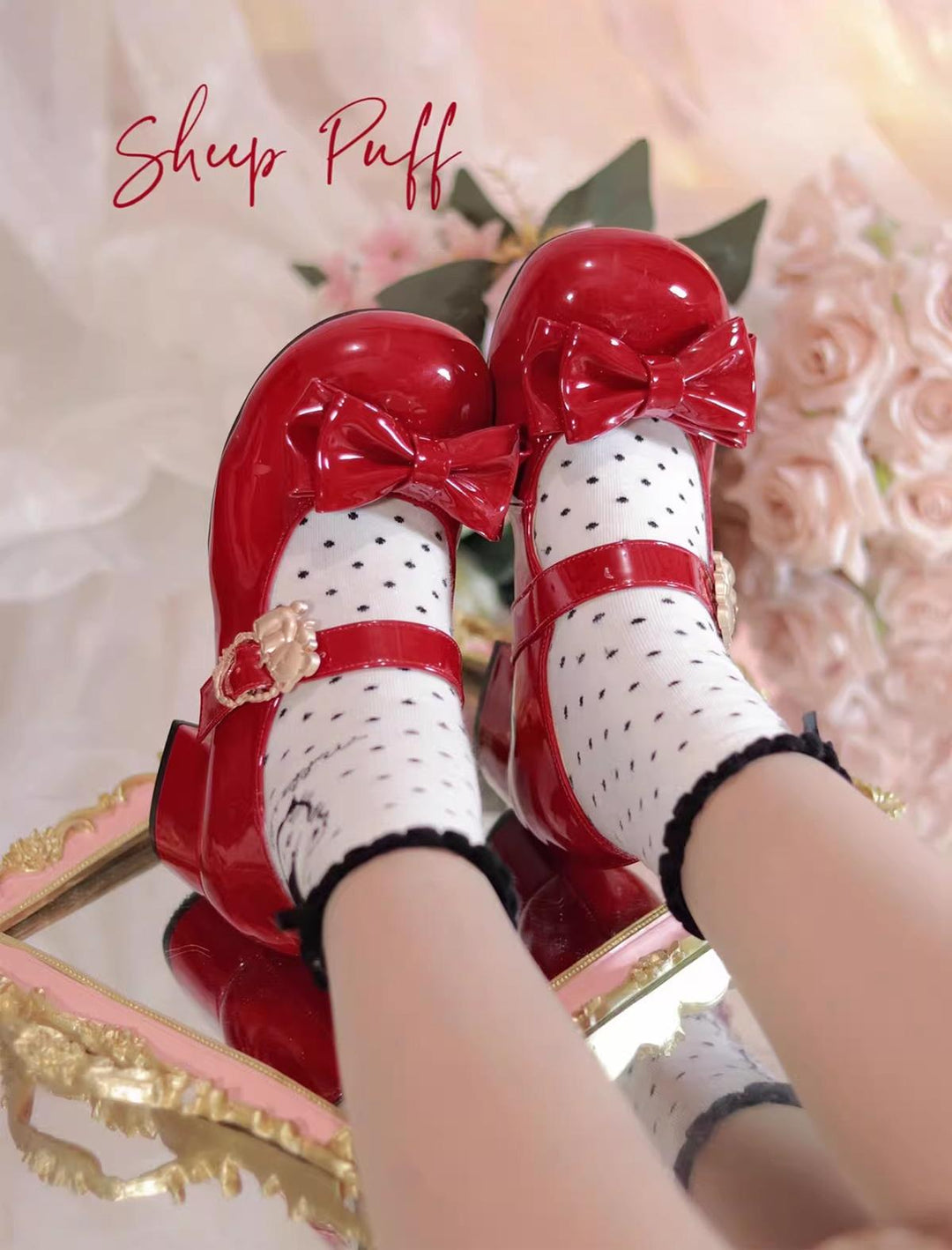 Sheep Puff~Hug Bear~Sweet Lolita Heel Shoes Bear Metal Buckle Bow Shoes 35 Patent Leather Red - Mid Heel 