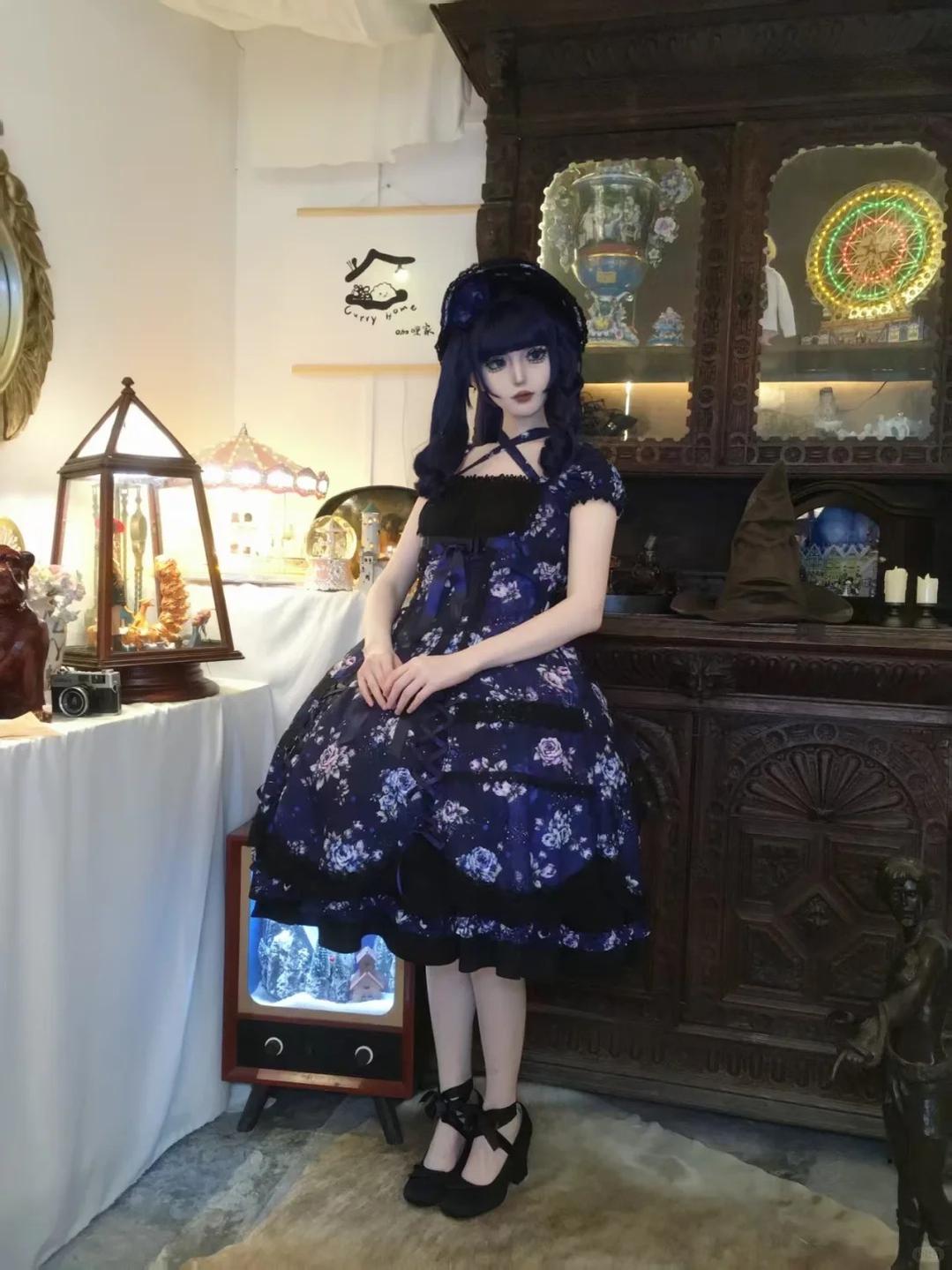 Starry Whisper - Six-panel Old School Lolita Rose Print OP Dress, Back Opening 45791:865221