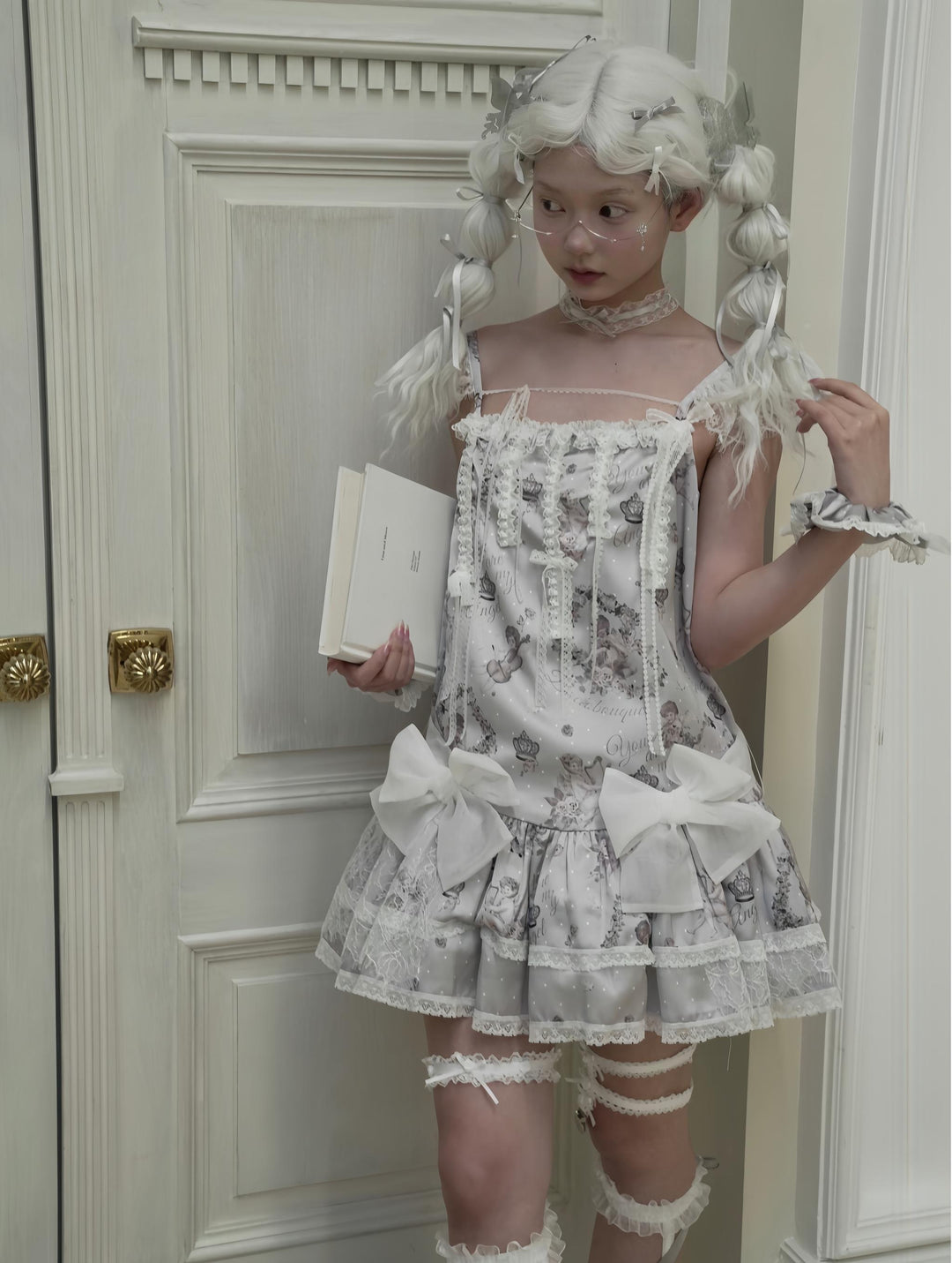 Bacio Bouquet~Hyaline Angel~Daily Lolita Low Waist Dress with Angle Print&Lace Detail 43042:763104