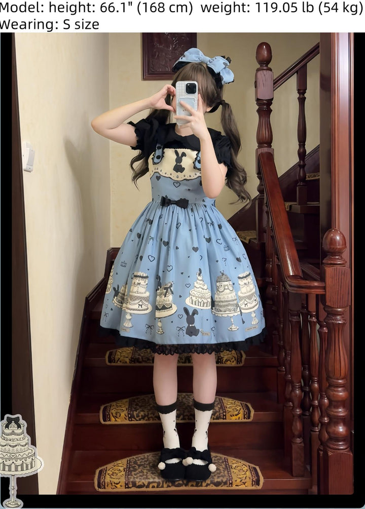 Sweet Dream Sheep - Cake Bunny - Blue Sweet Lolita Dress, Bunny&Cake Print