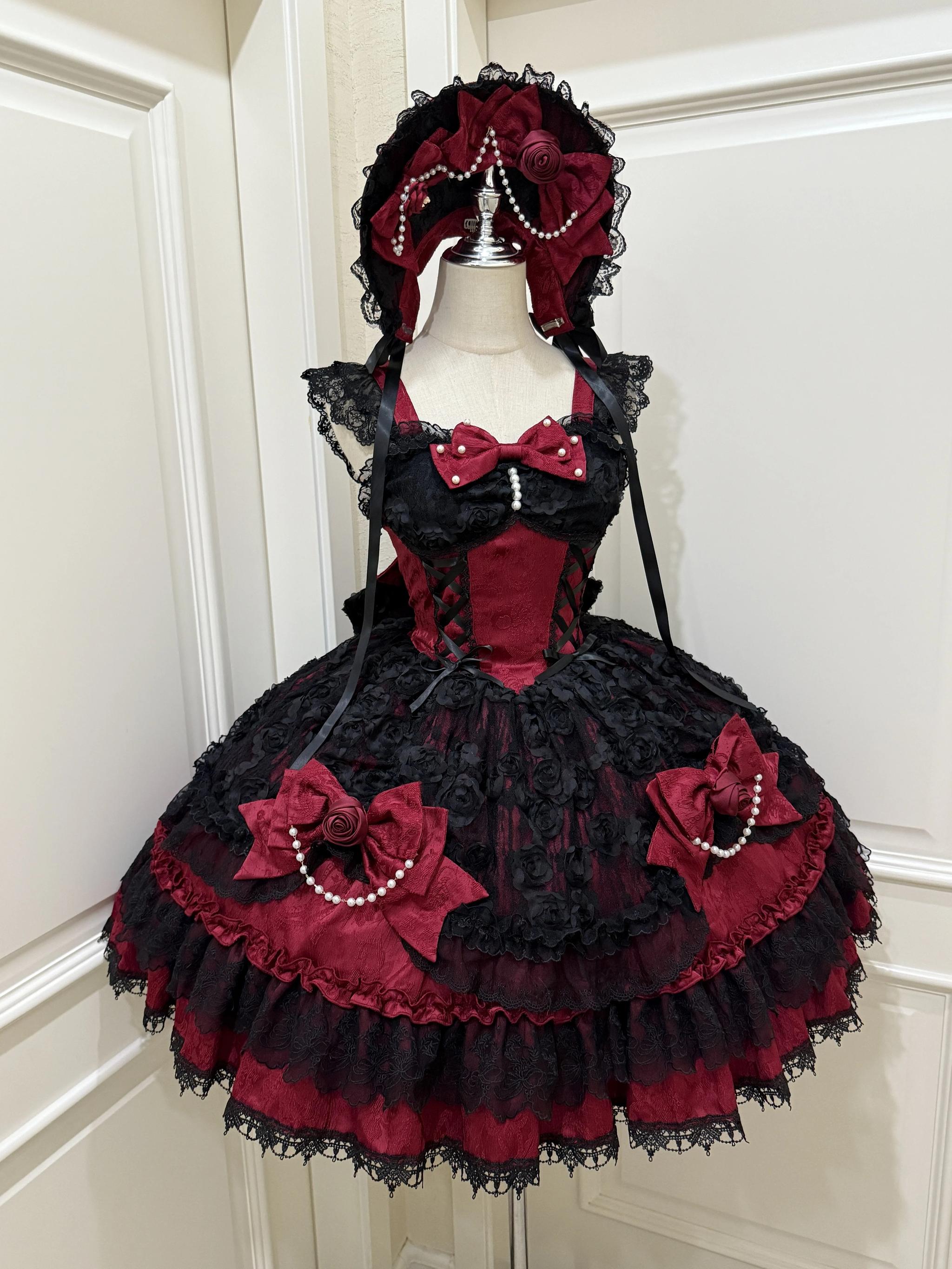 Sugar Girl - Rose Princess - Halloween Gothic Lolita JSK, Sheer Rose Dress Black-Red JSK Only S