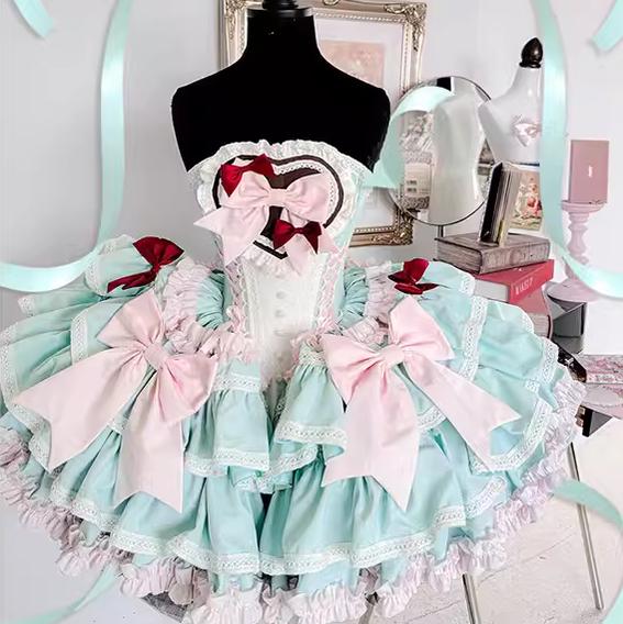 POSHEPOSE~Limited Gratitude Collection~Sweet Lolita Dress High-end Tiered Skirt Dress XS Mint Ballerina Milk Cat 