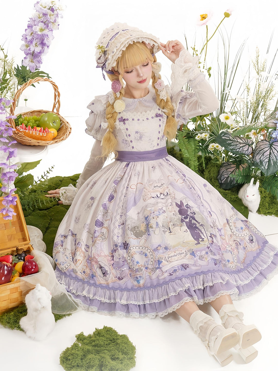 Baduoni~Red Bunny Tea Party~Sweet Lolita OP Classic Dress with Detachable Apron BNT