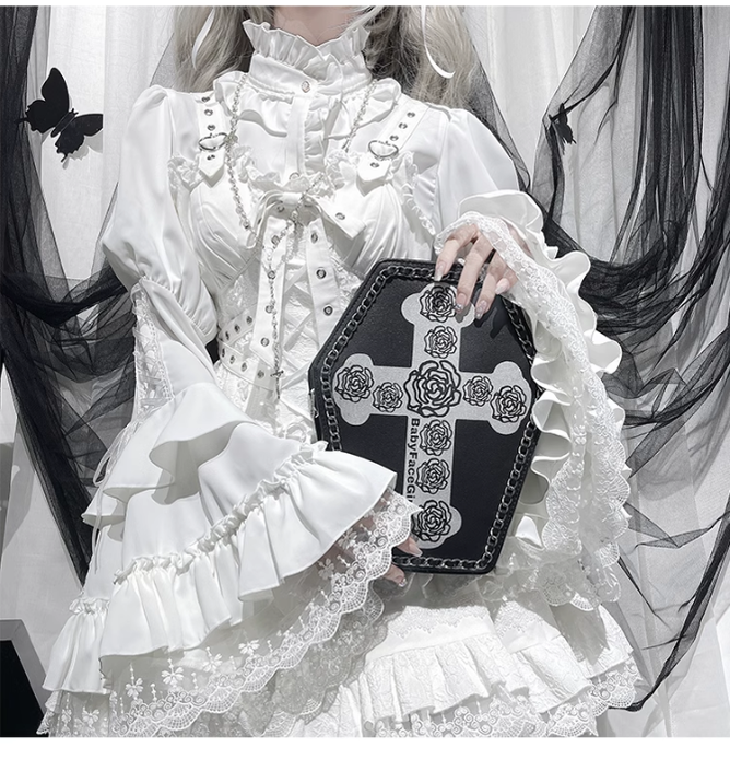 (Buyforme)Ocelot~Gothic Lolita Halloween Bat Black and White Blouse S white