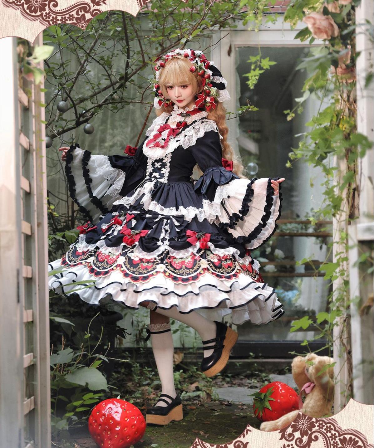Bramble Rose - Starryberry Eden - Hime-sleeved Sweet Lolita Dress, Strawberry Embroidery 44262:801221