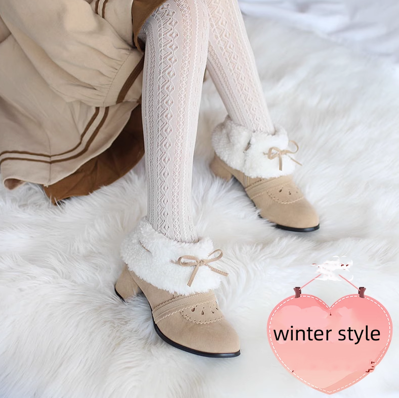 Spring Day Lolita - Kawaii Lolita Winter Multicolor Ankle Boots beige winter style size 25.5# (41 size)