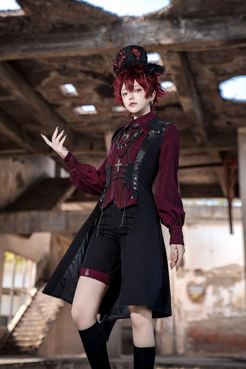 Princess Chronicles - Red and Black 4.0 - Ouji Lolita Shorts Outfit Long Vest Prince Blouse