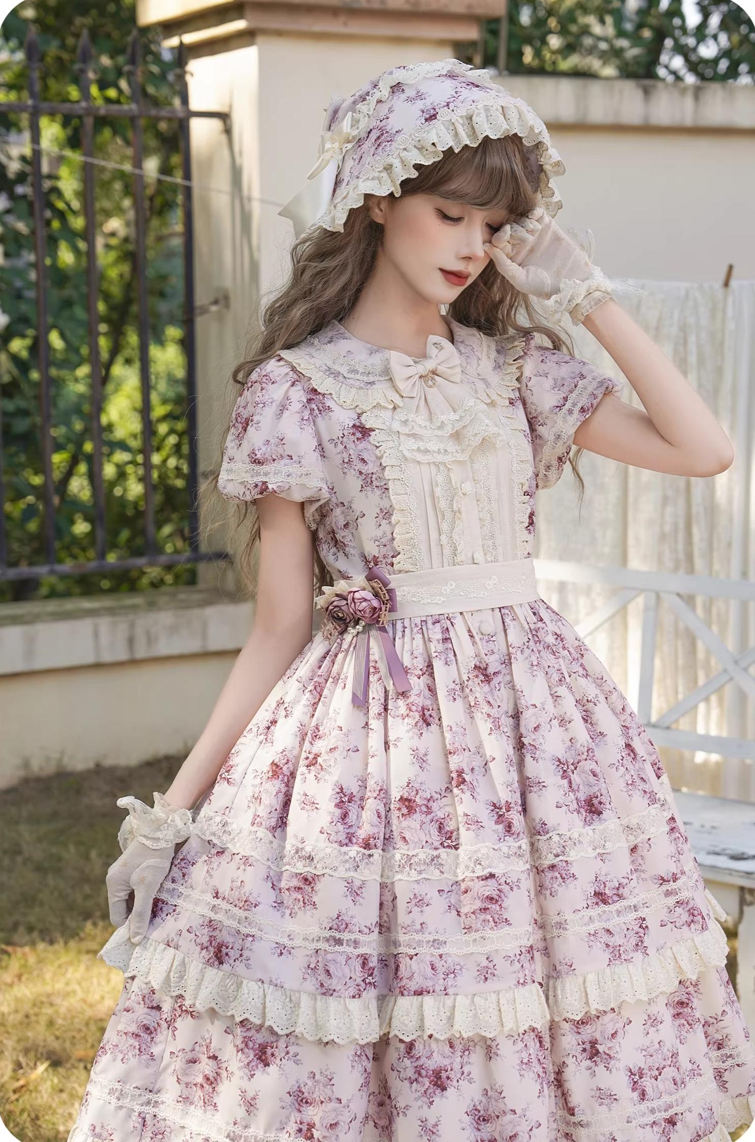 Black Rose - Printed Old School Lolita Dress, Front Opening 44636:817097