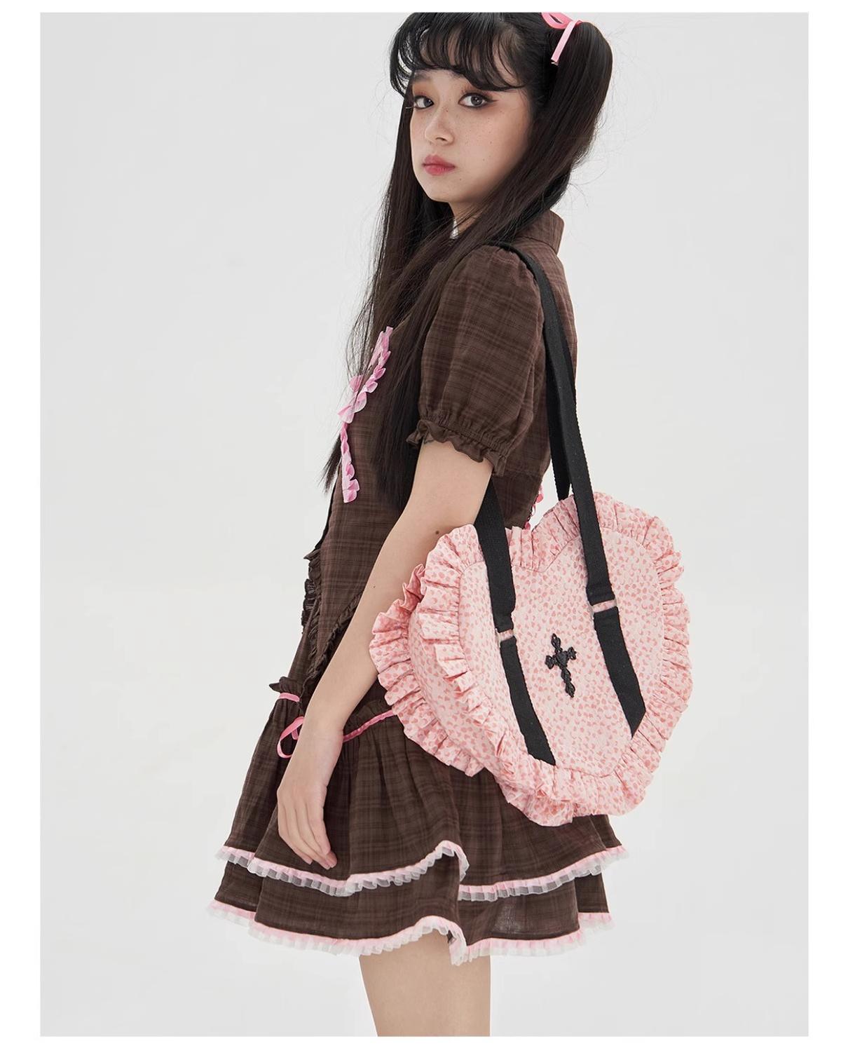 Soso Meme Club - Vintage Lolita Heart Shaped Plaid Dot Print JK Uniform Bag