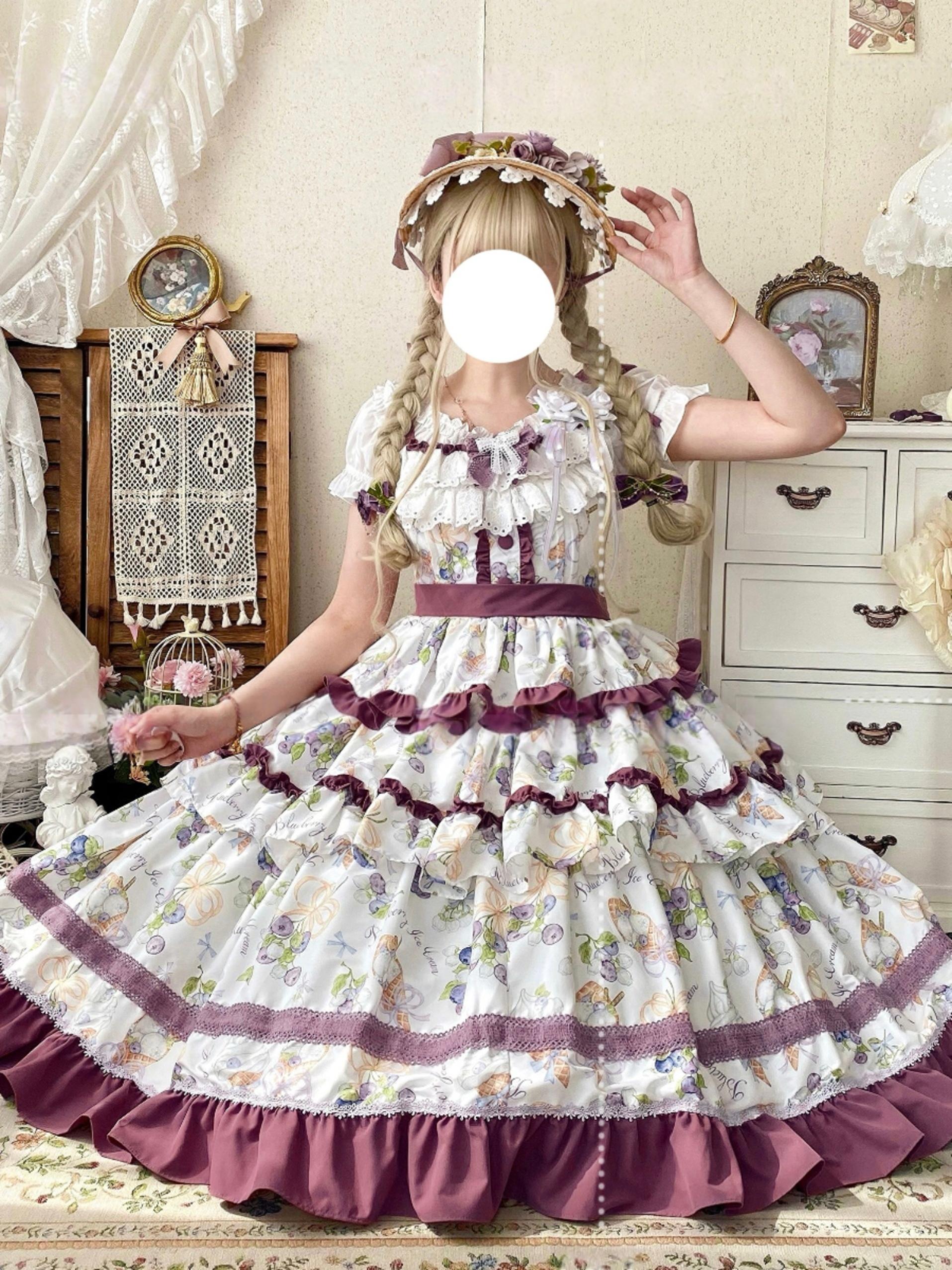 Qianmu - Blueberry Midsummer - Country Lolita Tiered JSK, Blueberry Print 44322:805666