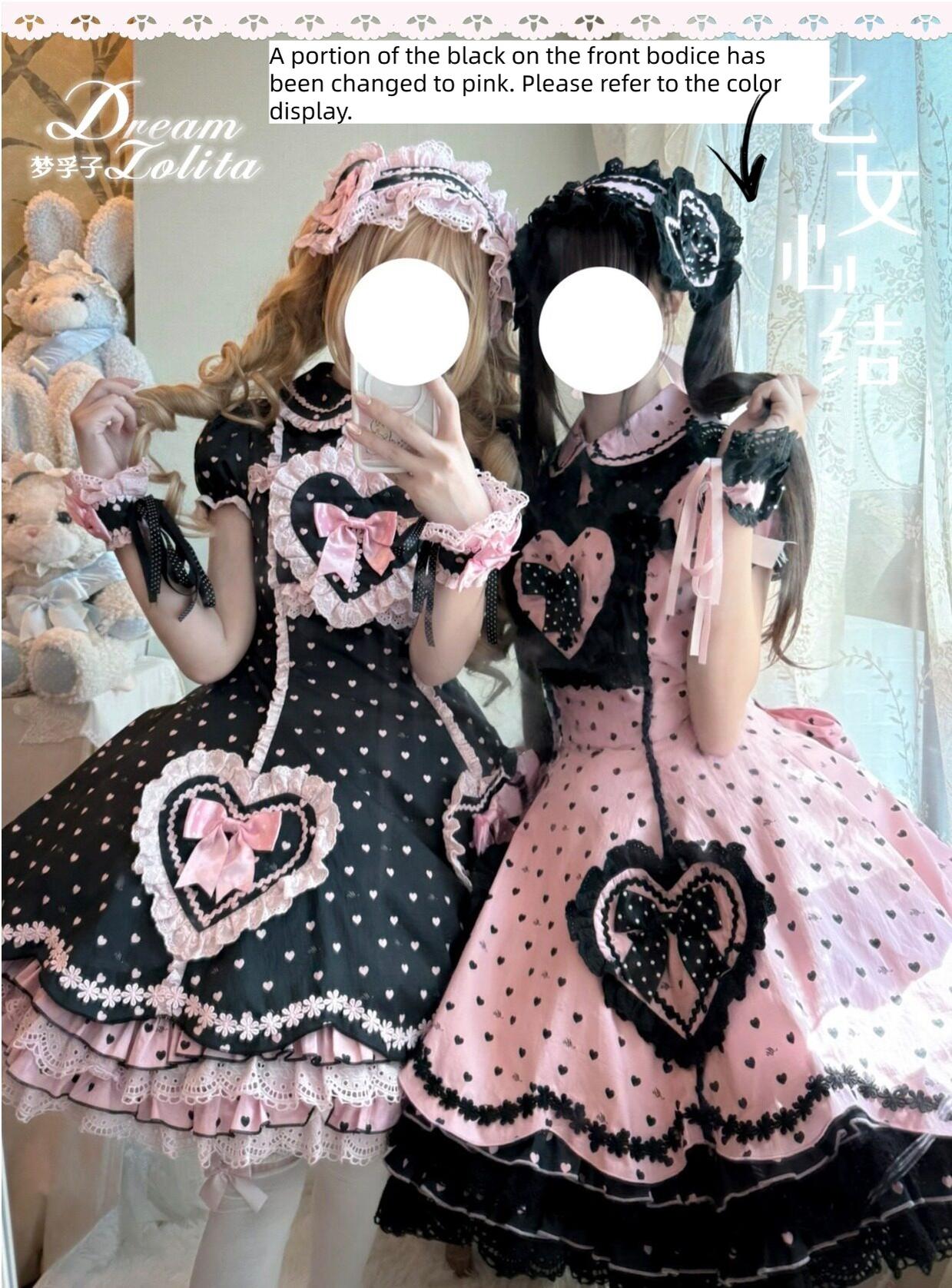 Maiden's Heart Knot - Cotton Old School Lolita Dress, Heart Polka Dot
