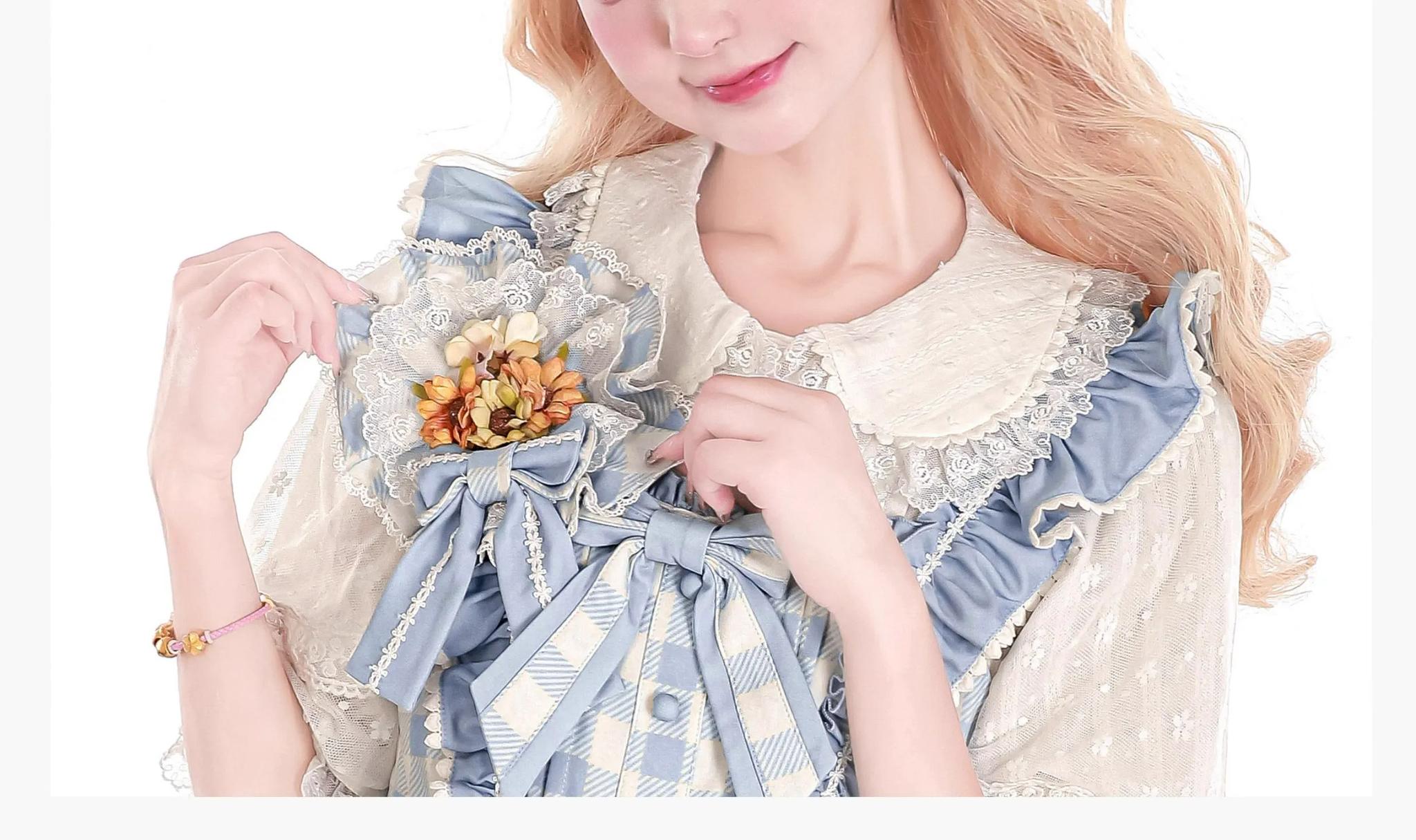 Chaton Jardin - Sunny Cat - Sweet Lolita Cat Ear KC Plaid Flower Ball Brooch