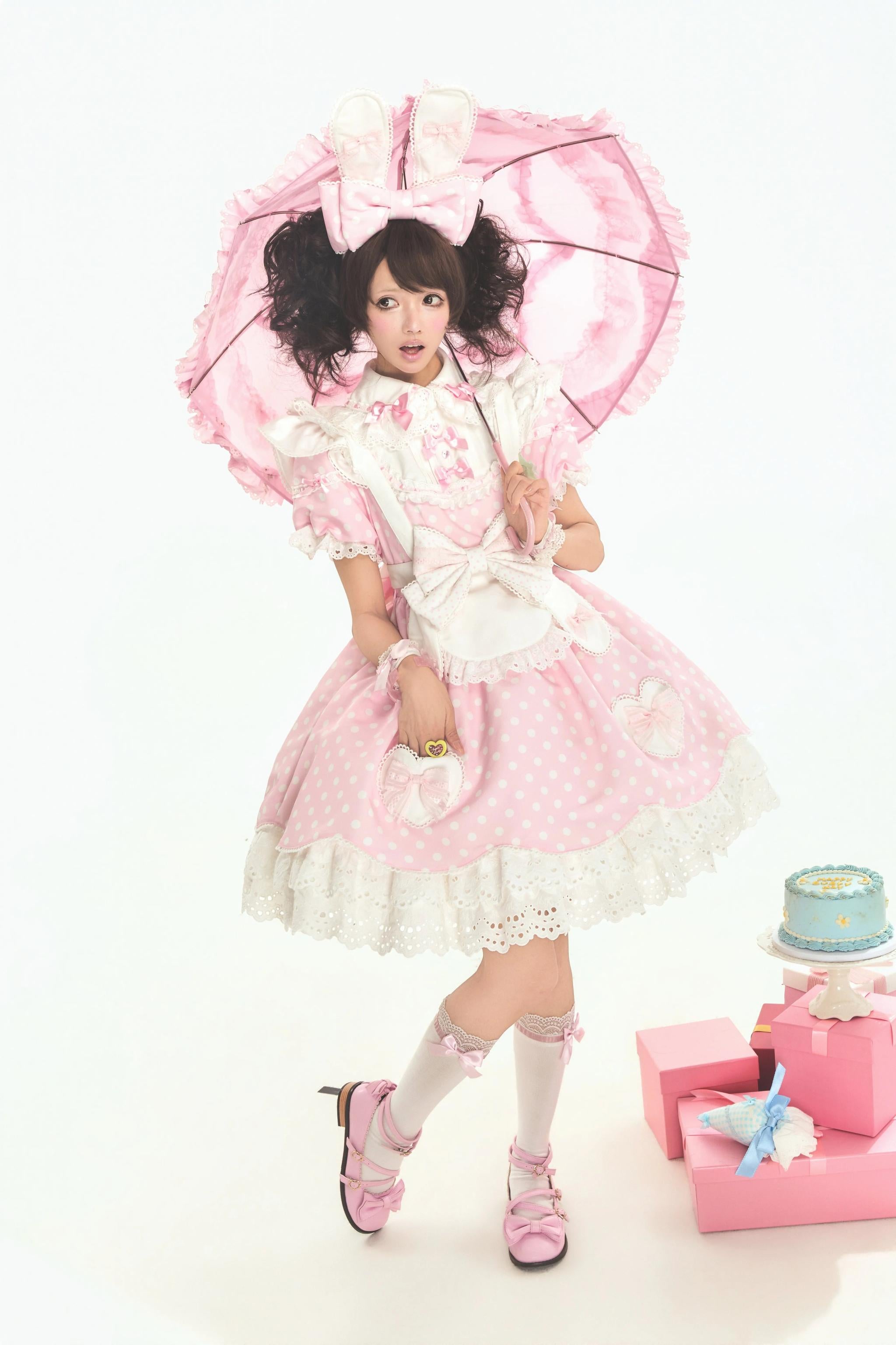 Bunny Kissaten - Four Colors Old School Lolita Polka Dot OP, Bunny Ear Apron 45824:864359