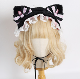 Xiaogui~Sweet and Lovely Lolita Cat Hair Band star cat hairband (black and pink polka dot bow)  